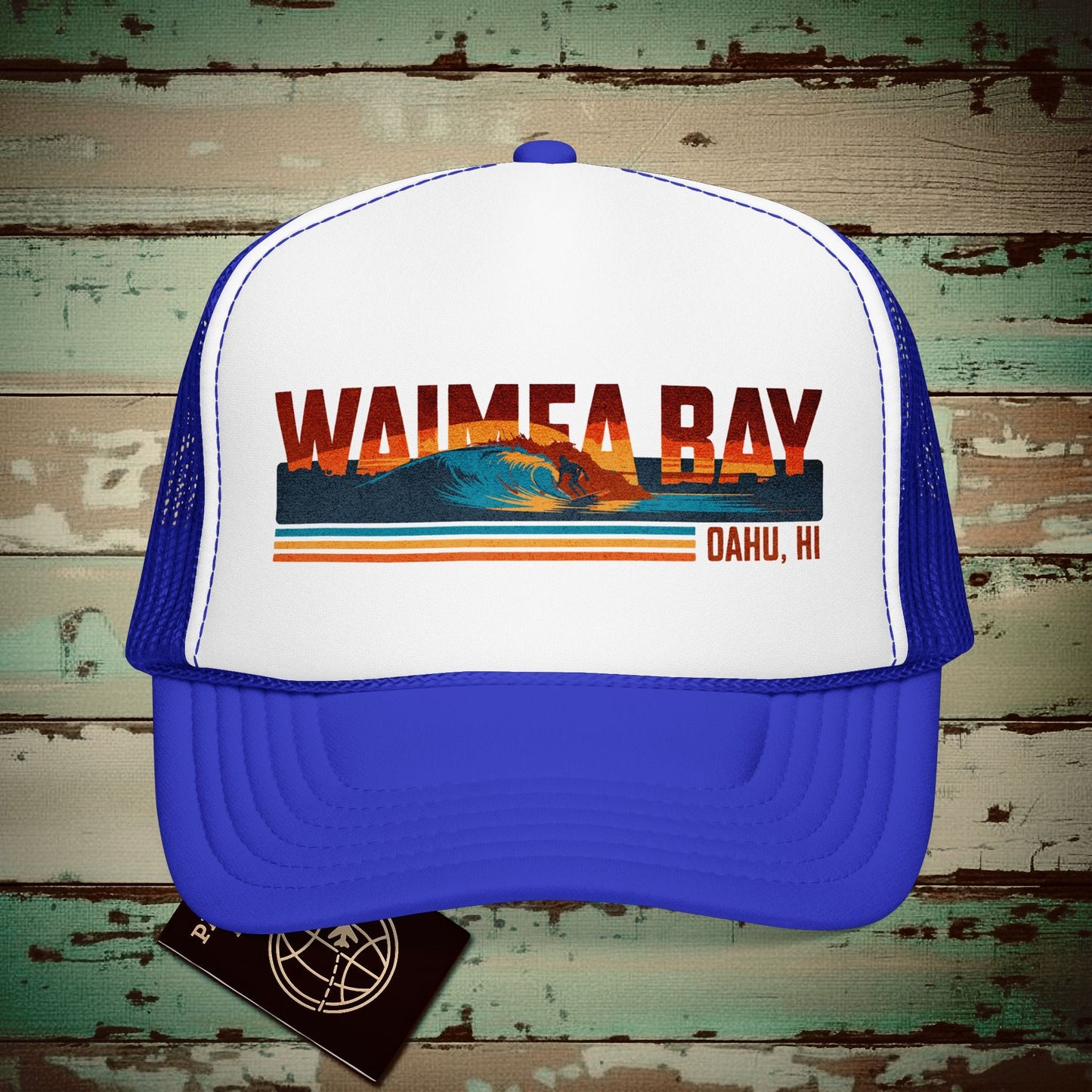Waimea Bay, Oahu, Hawaii - Vibrant Surf Retro Trucker Hat Royal / White / Royal / One size