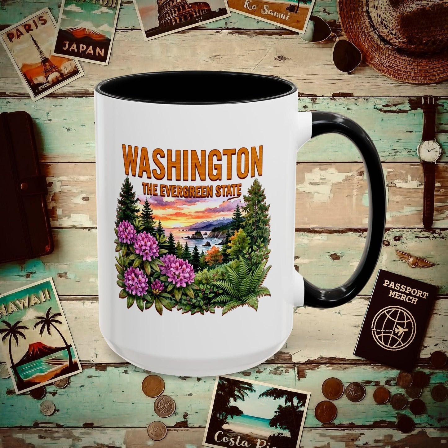 Washington Flowers in Watercolored Oak 15oz Mug Black / 15oz