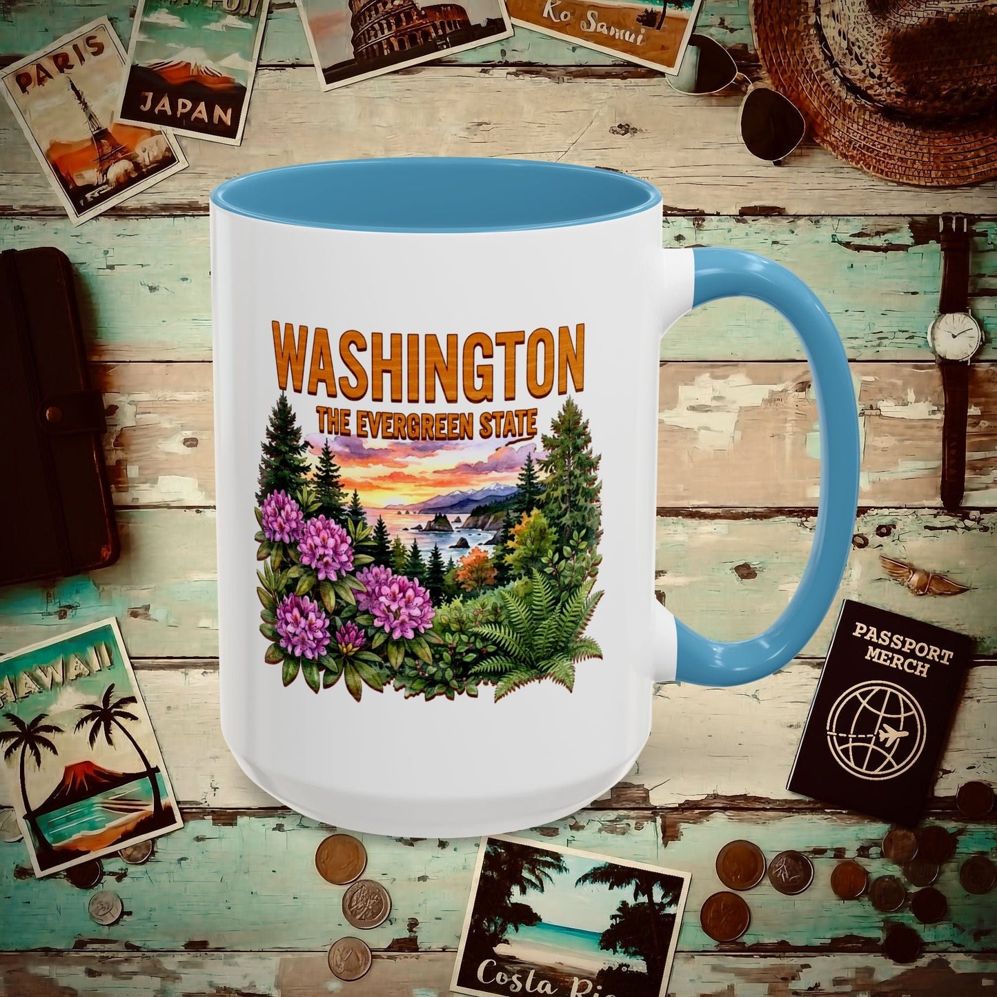 Washington Flowers in Watercolored Oak 15oz Mug Light Blue / 15oz