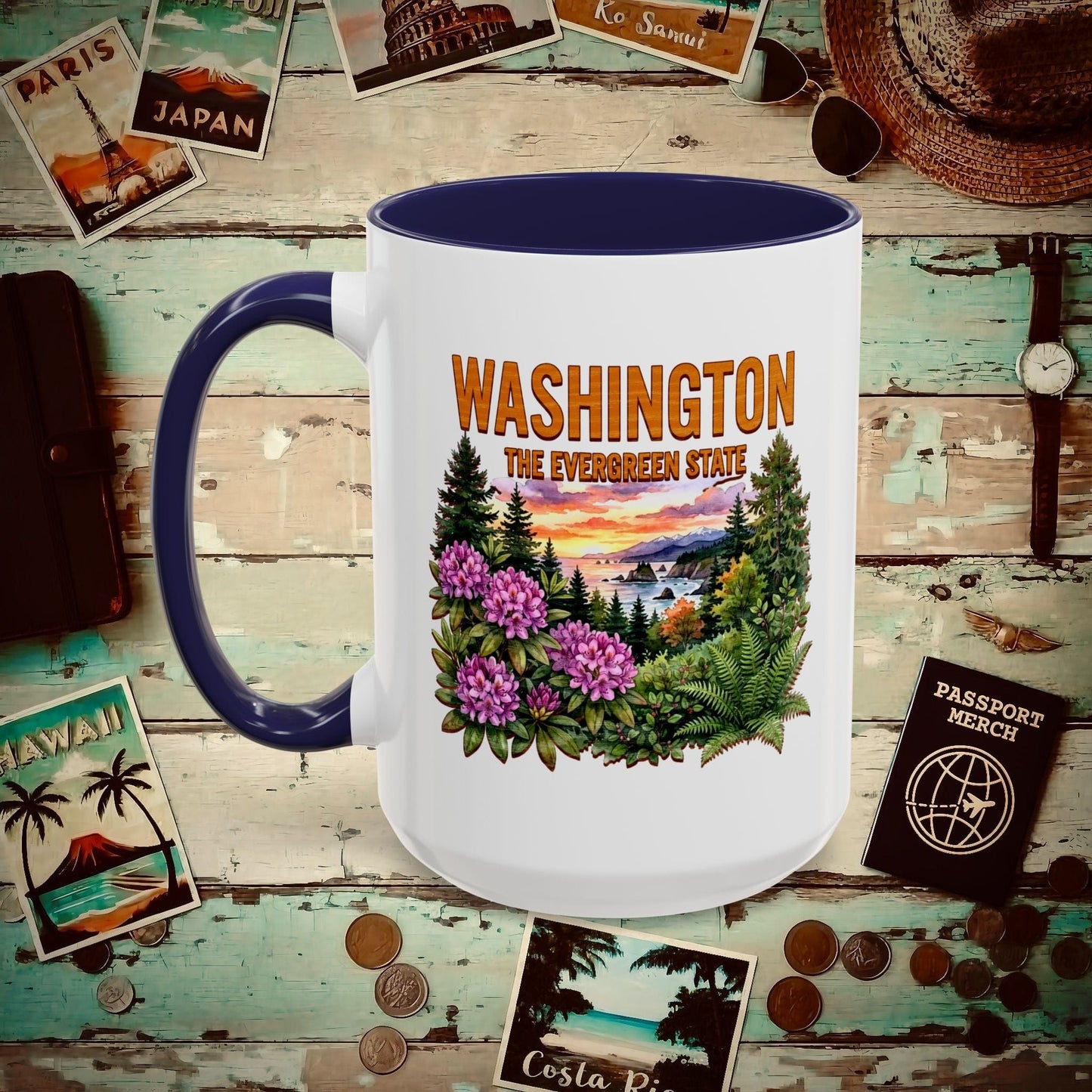 Washington Flowers in Watercolored Oak 15oz Mug Navy / 15oz