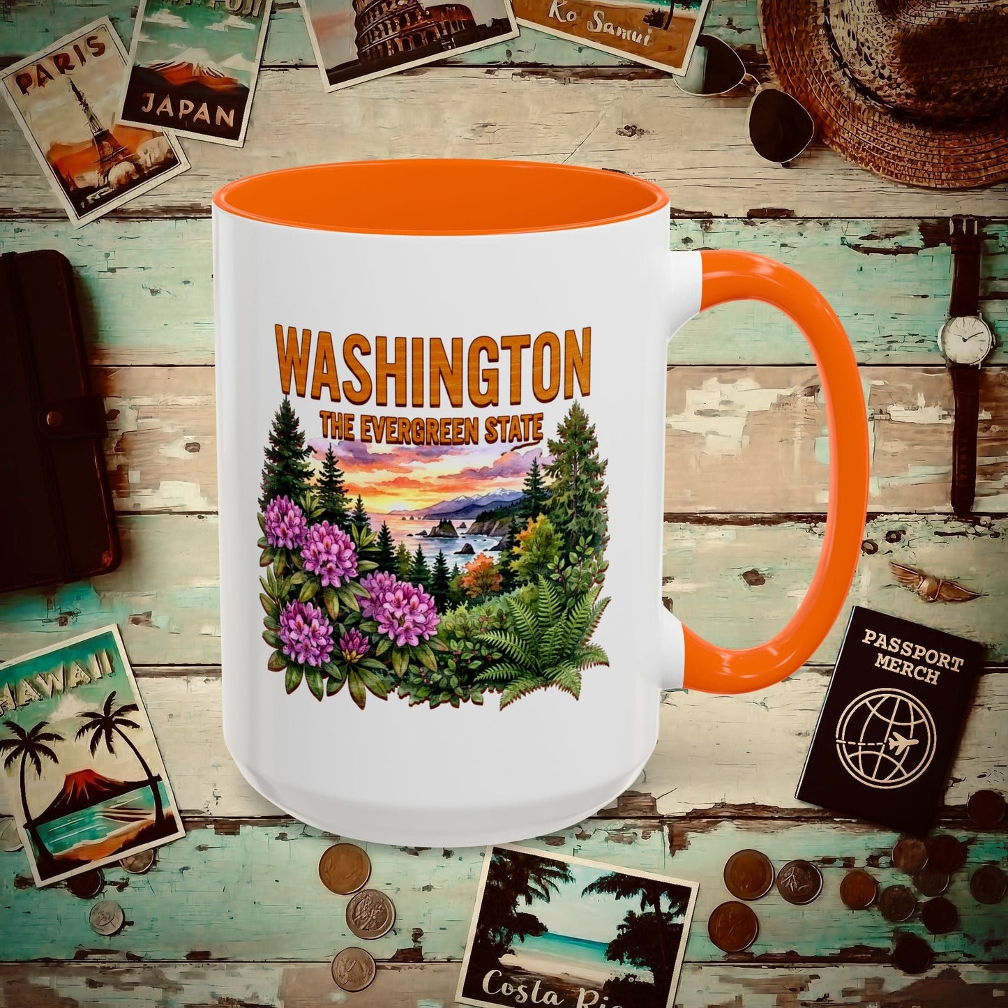 Washington Flowers in Watercolored Oak 15oz Mug Orange / 15oz