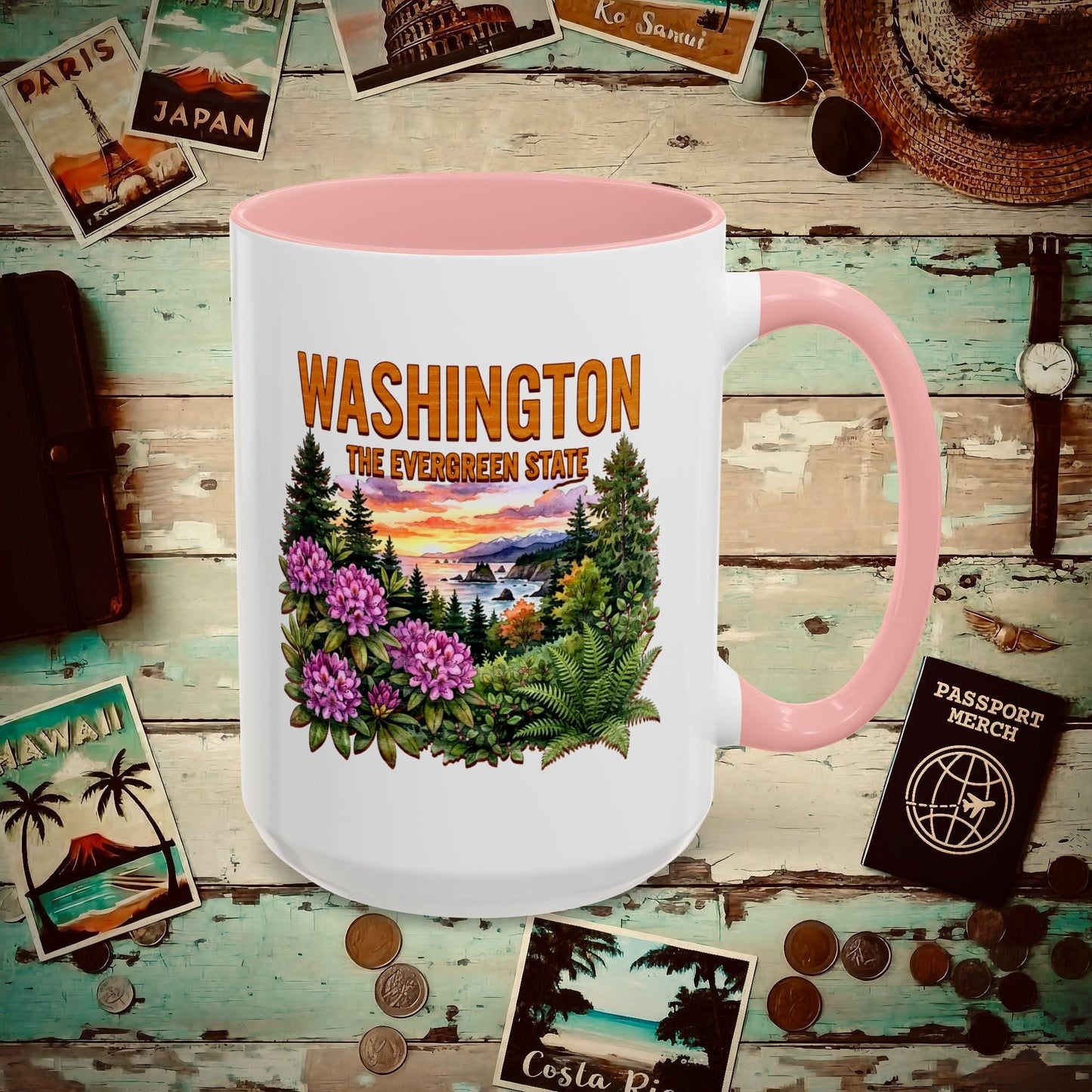 Washington Flowers in Watercolored Oak 15oz Mug Pink / 15oz