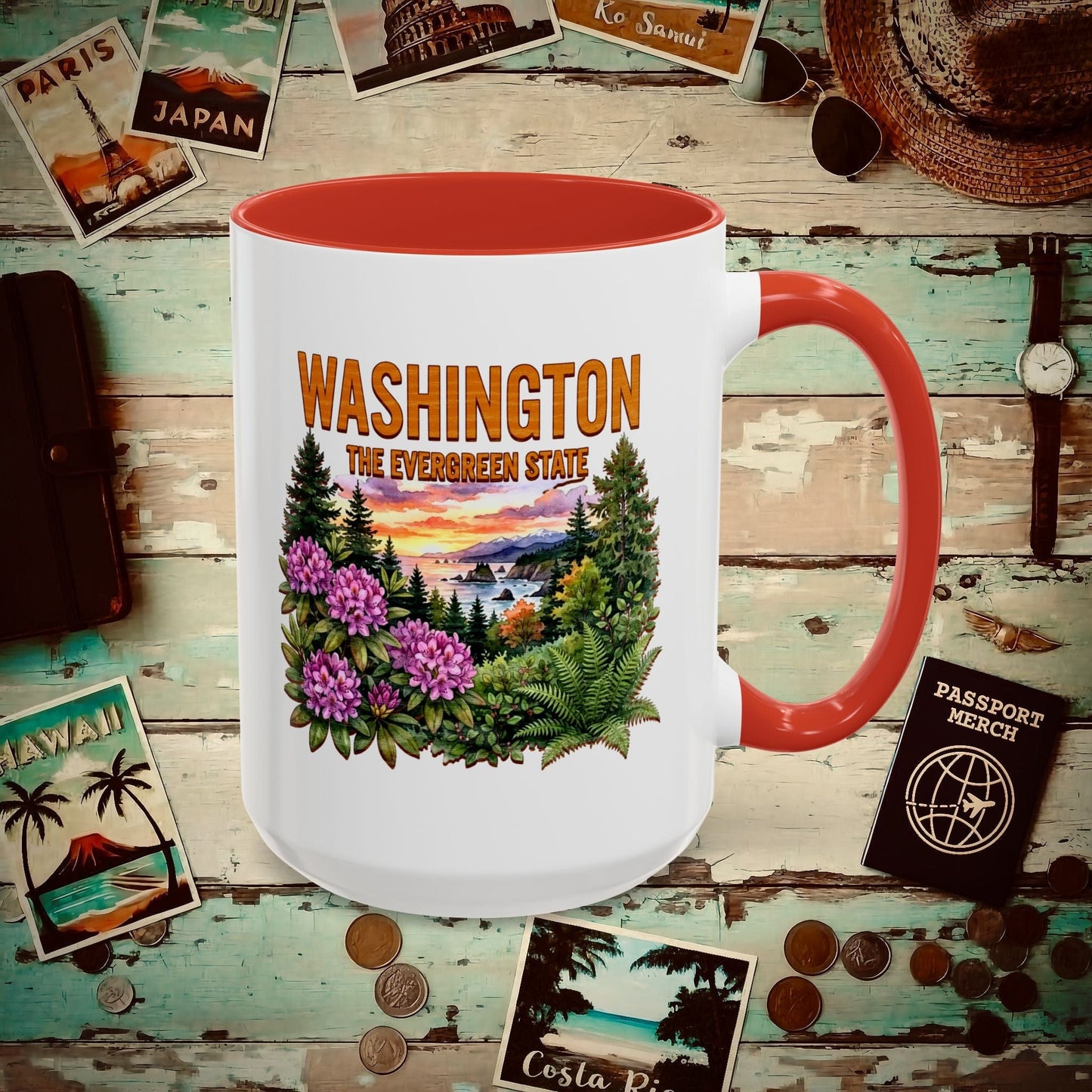Washington Flowers in Watercolored Oak 15oz Mug Red / 15oz