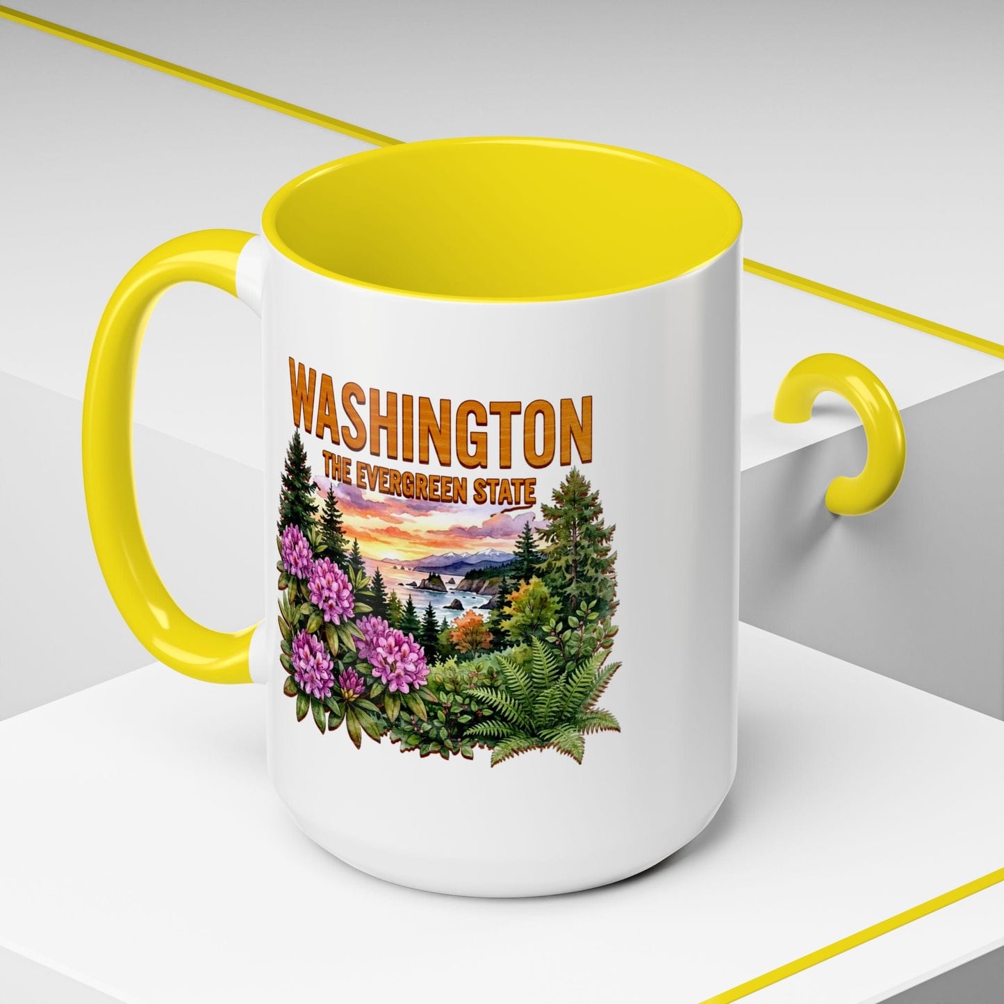 Washington Flowers in Watercolored Oak 15oz Mug Yellow / 15oz