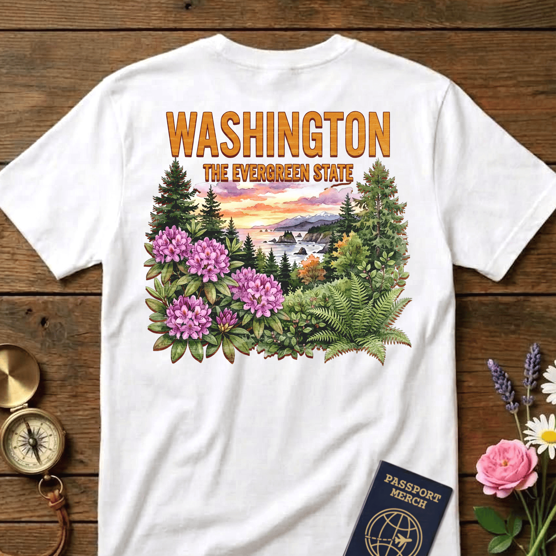 Washington Flowers in Watercolored Oak Back Print T-Shirt