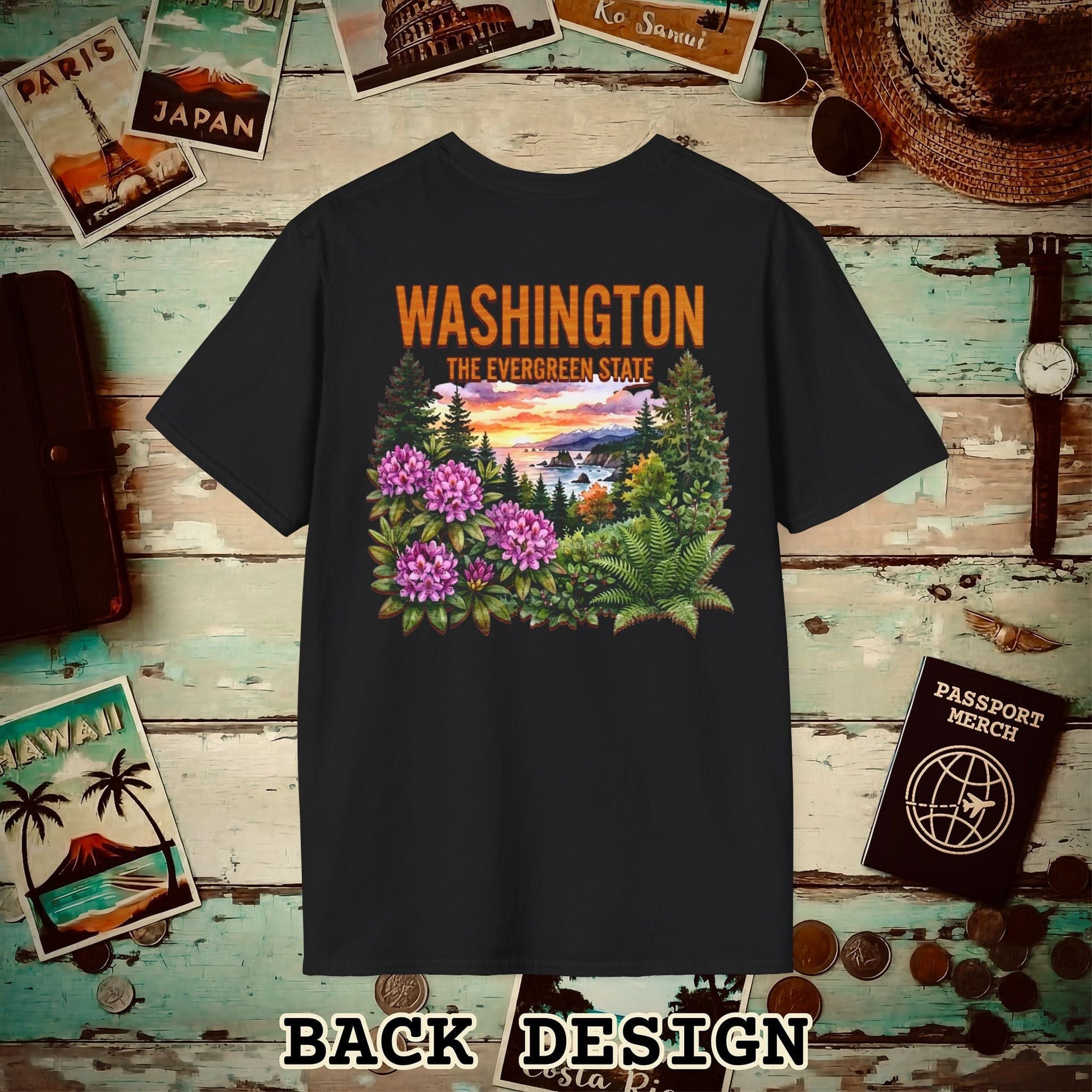 Washington Flowers in Watercolored Oak Back Print T-Shirt Black / S