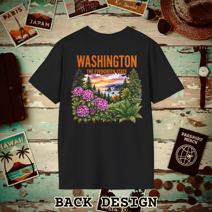 Washington Flowers in Watercolored Oak Back Print T-Shirt Black / S