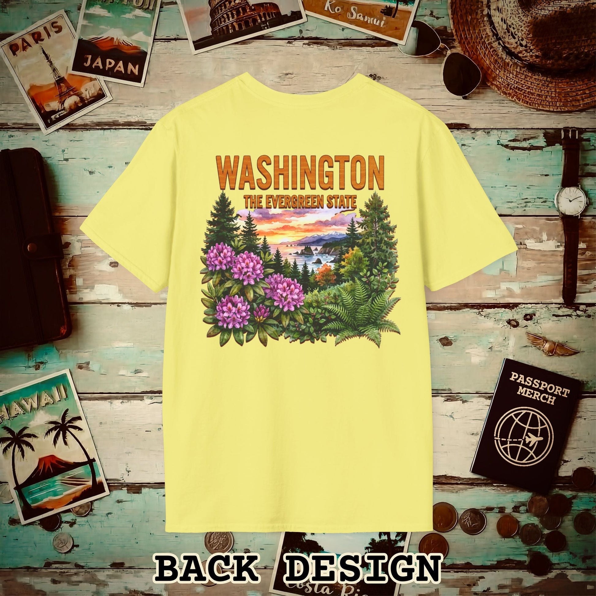Washington Flowers in Watercolored Oak Back Print T-Shirt Cornsilk / S
