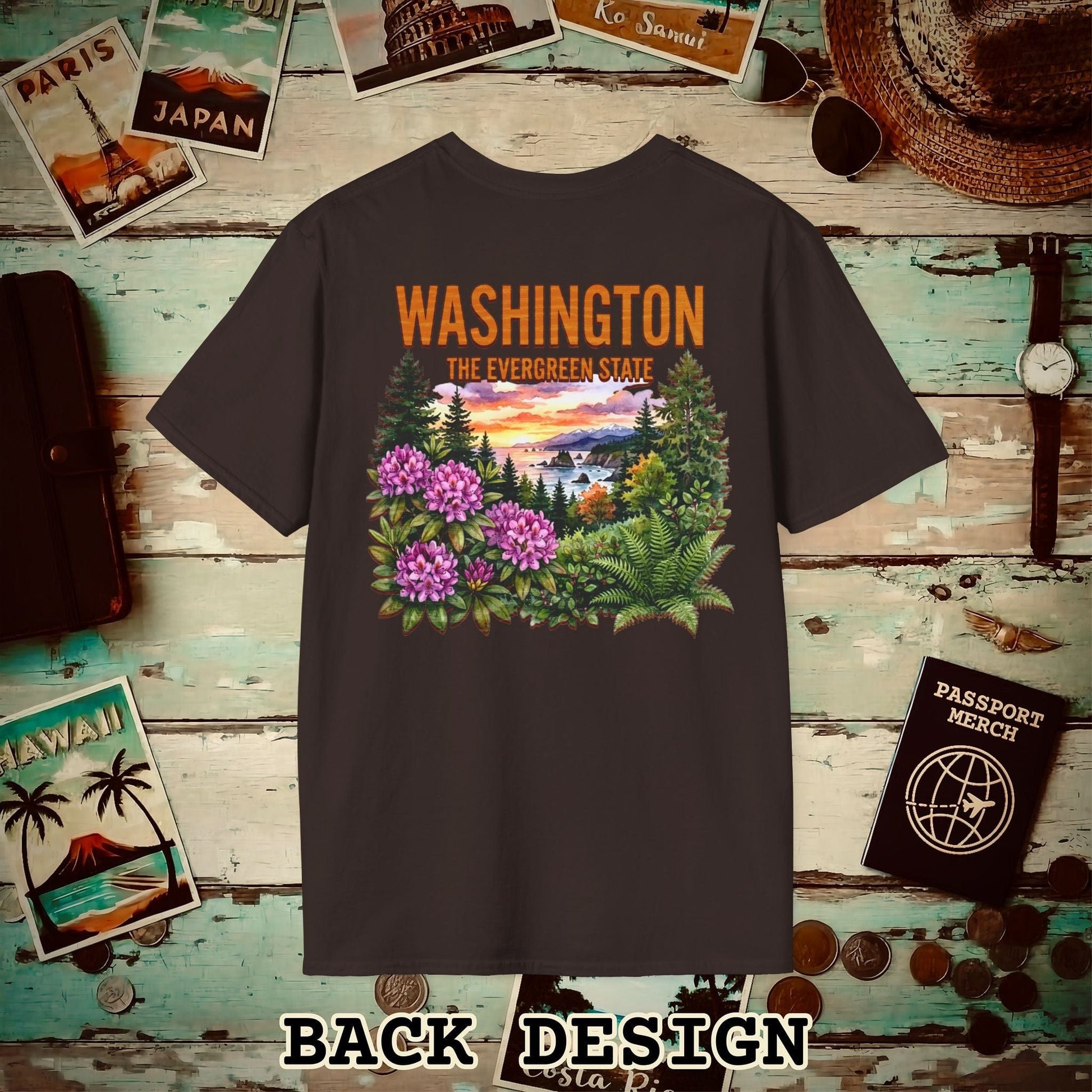 Washington Flowers in Watercolored Oak Back Print T-Shirt Dark Chocolate / S