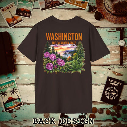 Washington Flowers in Watercolored Oak Back Print T-Shirt Dark Chocolate / S