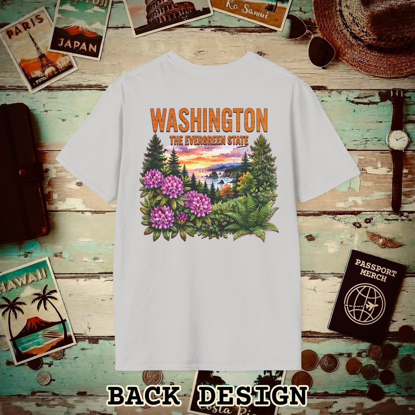 Washington Flowers in Watercolored Oak Back Print T-Shirt Ice Grey / S
