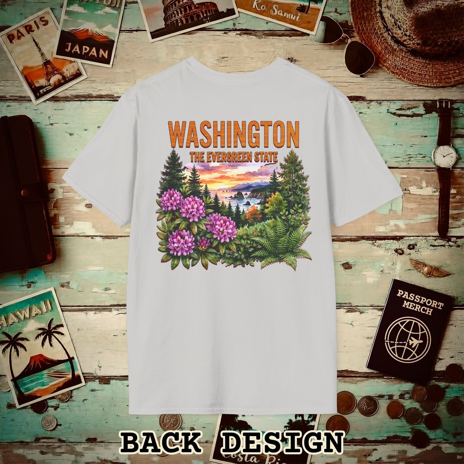 Washington Flowers in Watercolored Oak Back Print T-Shirt Ice Grey / S