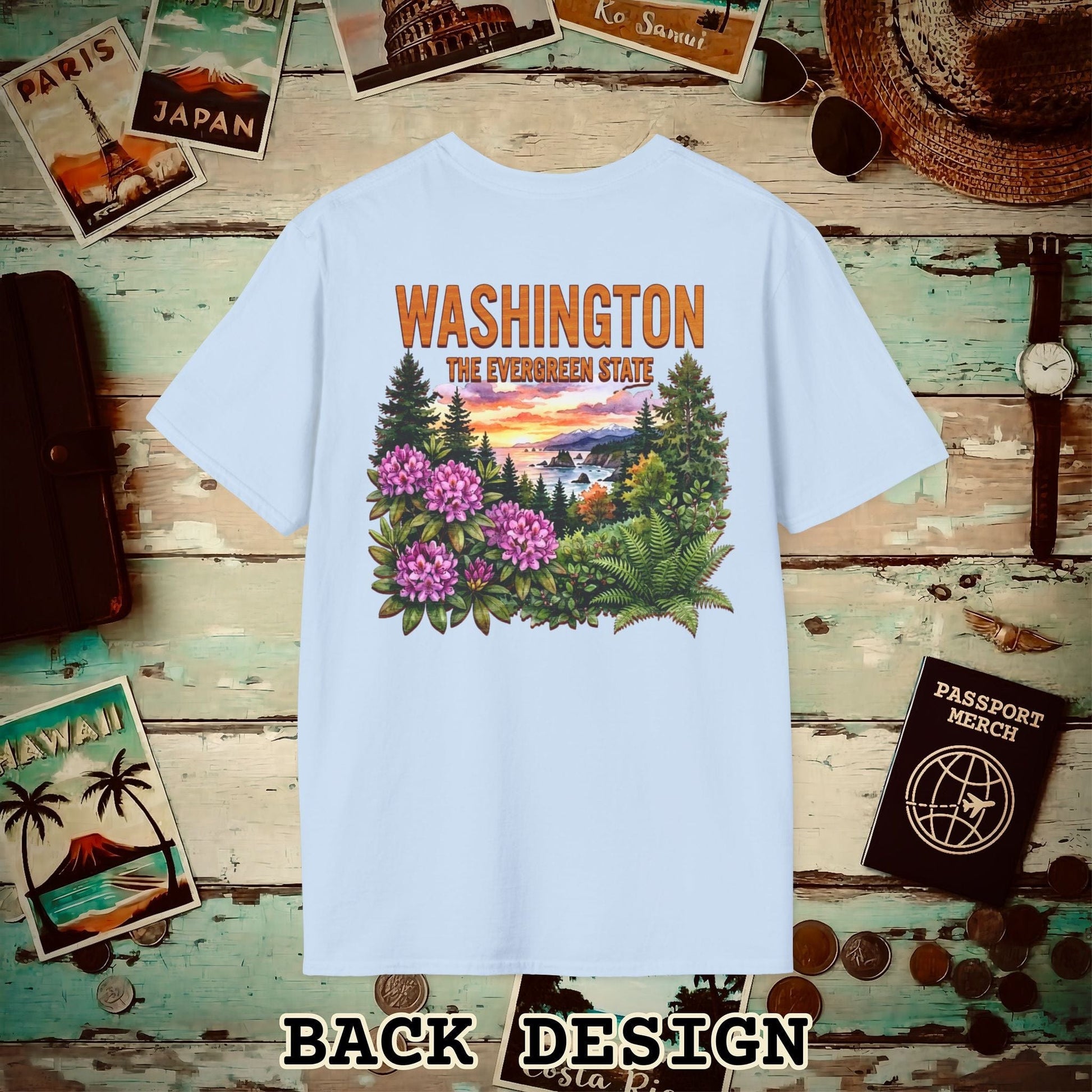 Washington Flowers in Watercolored Oak Back Print T-Shirt Light Blue / S