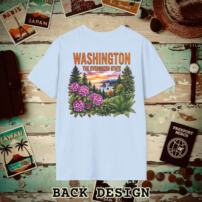 Washington Flowers in Watercolored Oak Back Print T-Shirt Light Blue / S