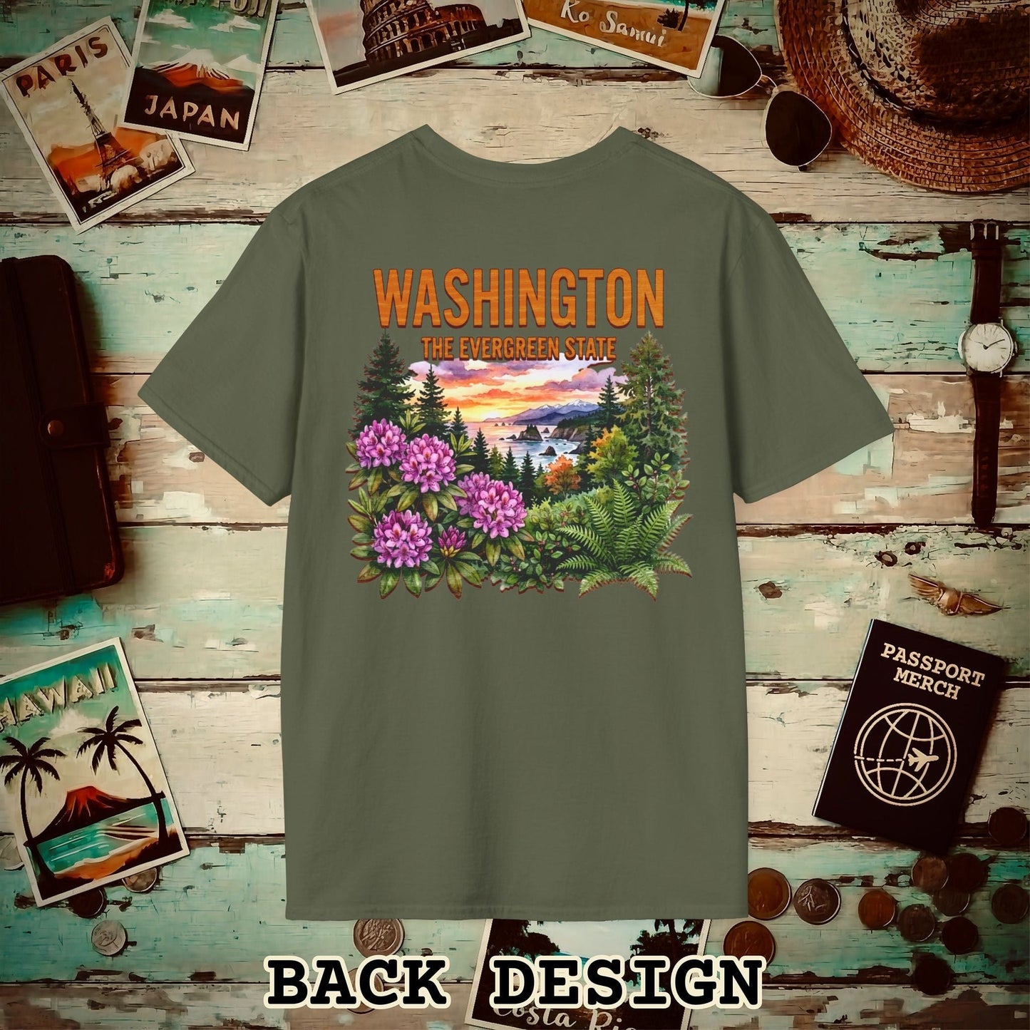 Washington Flowers in Watercolored Oak Back Print T-Shirt Military Green / S