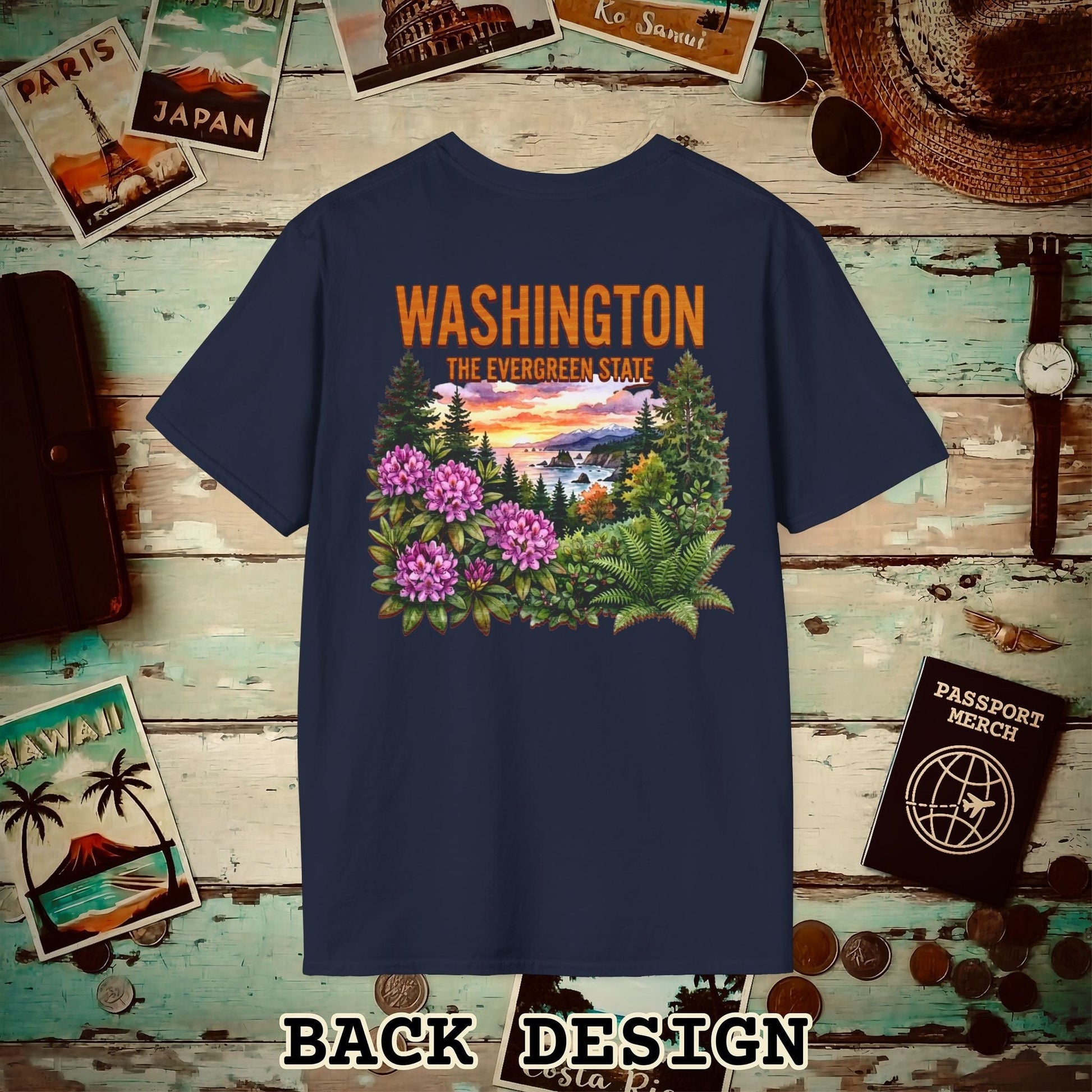 Washington Flowers in Watercolored Oak Back Print T-Shirt Navy / S