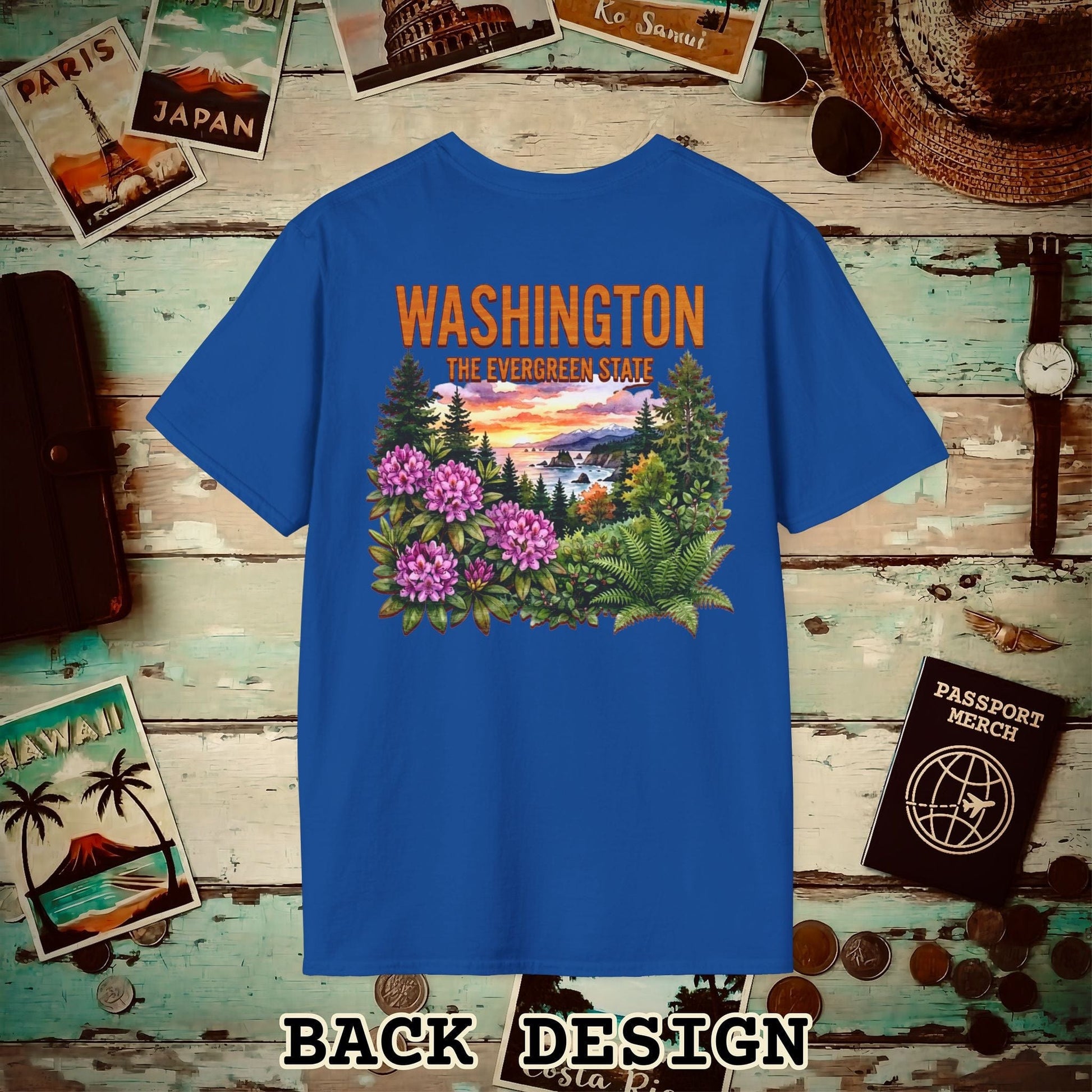 Washington Flowers in Watercolored Oak Back Print T-Shirt Royal / S