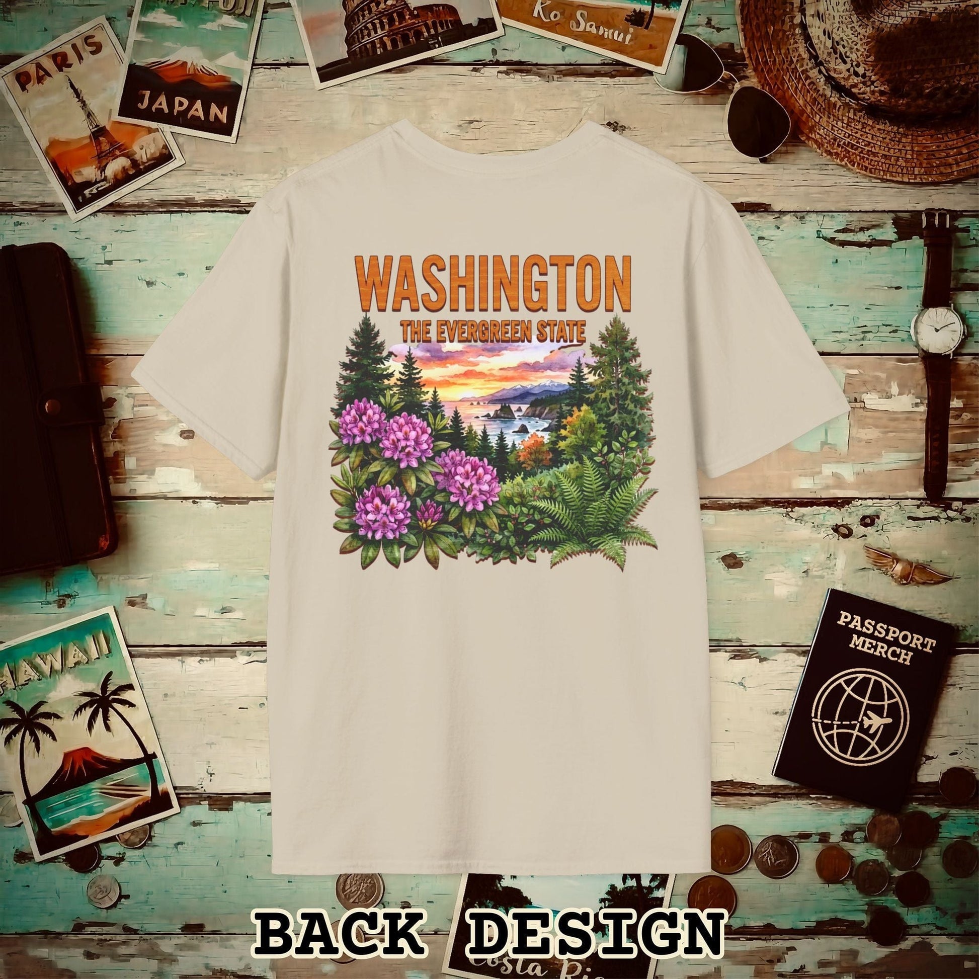 Washington Flowers in Watercolored Oak Back Print T-Shirt Sand / S