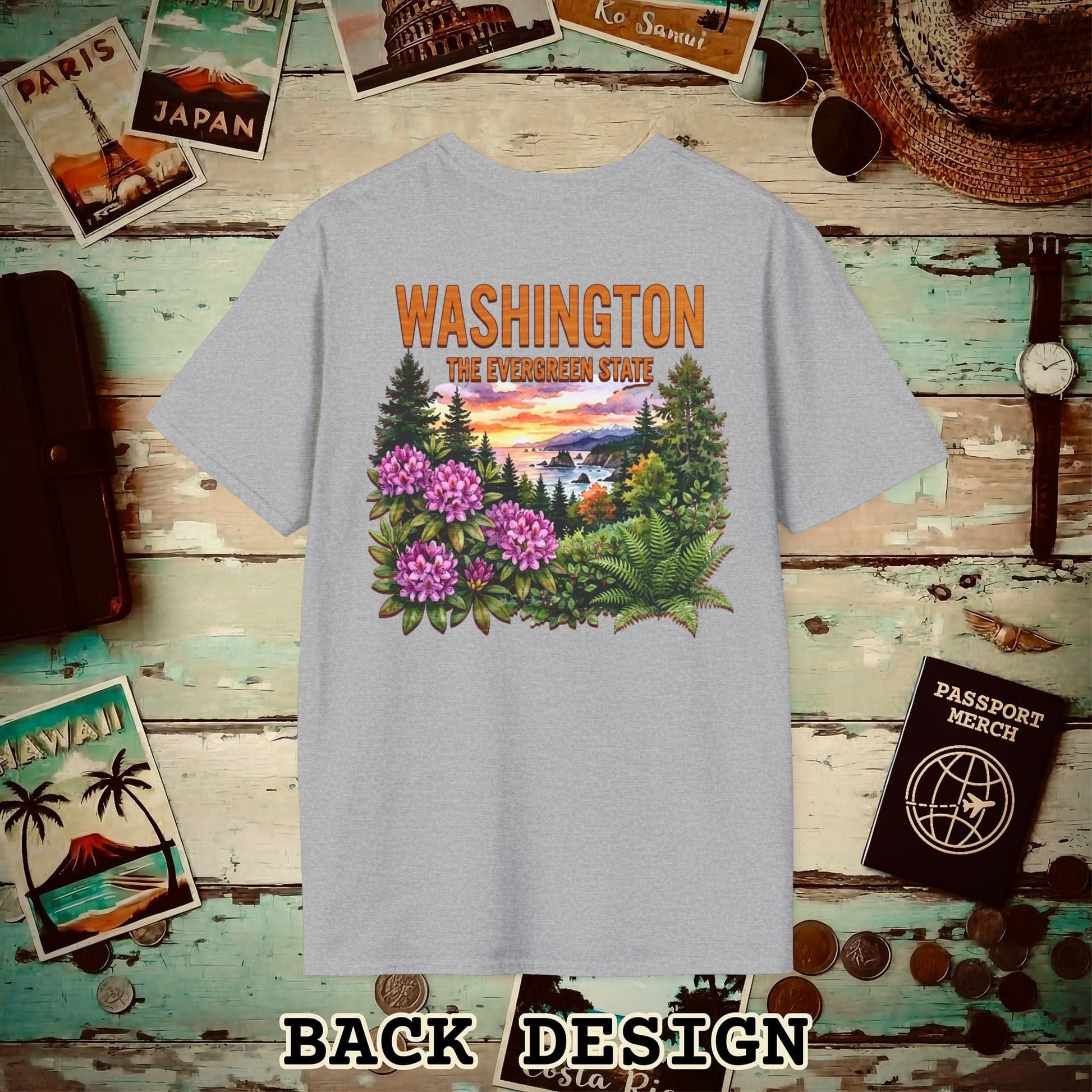 Washington Flowers in Watercolored Oak Back Print T-Shirt Sport Grey / S