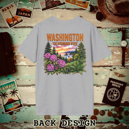 Washington Flowers in Watercolored Oak Back Print T-Shirt Sport Grey / S