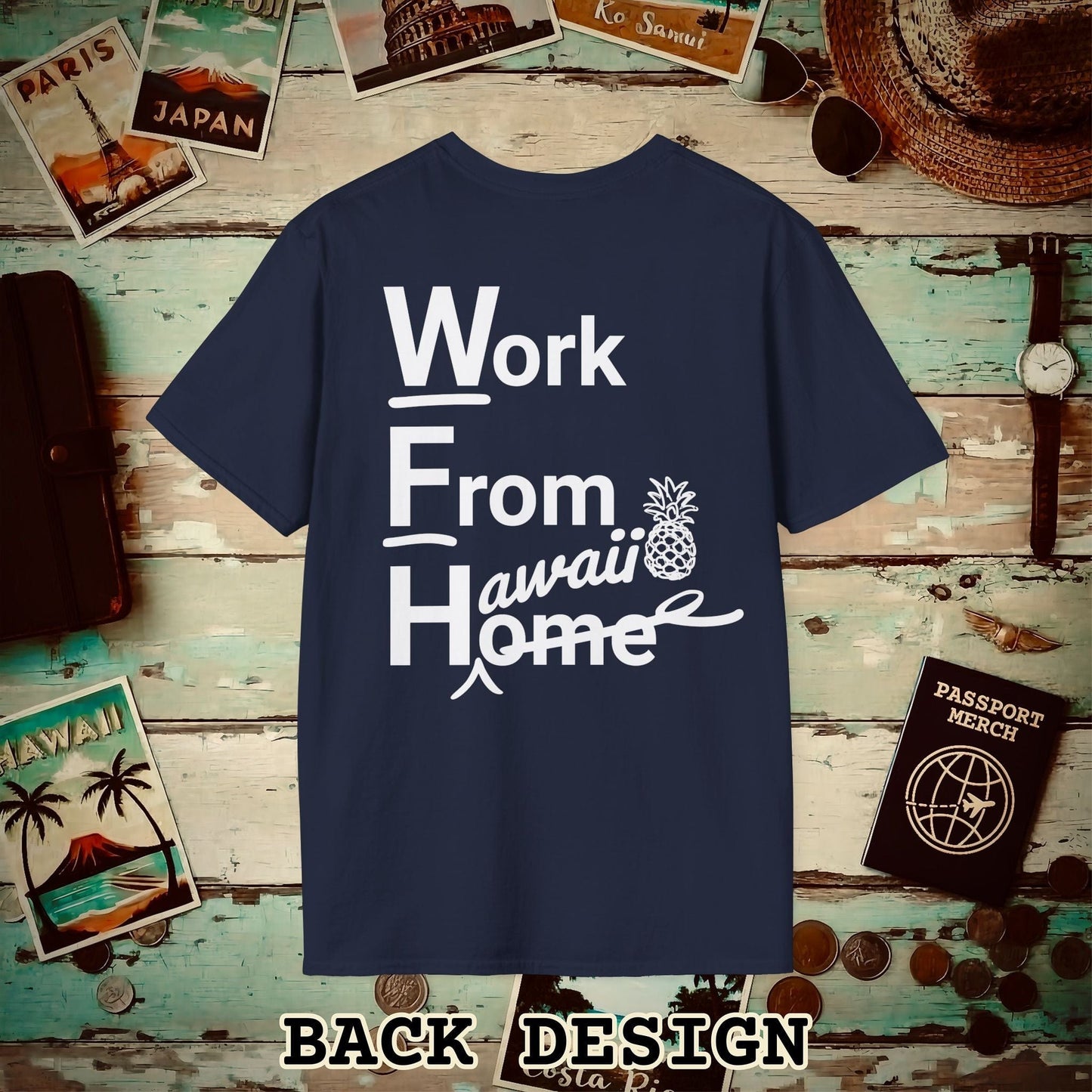 WFH, Work From Hawaii Back Print T-Shirt Navy / S