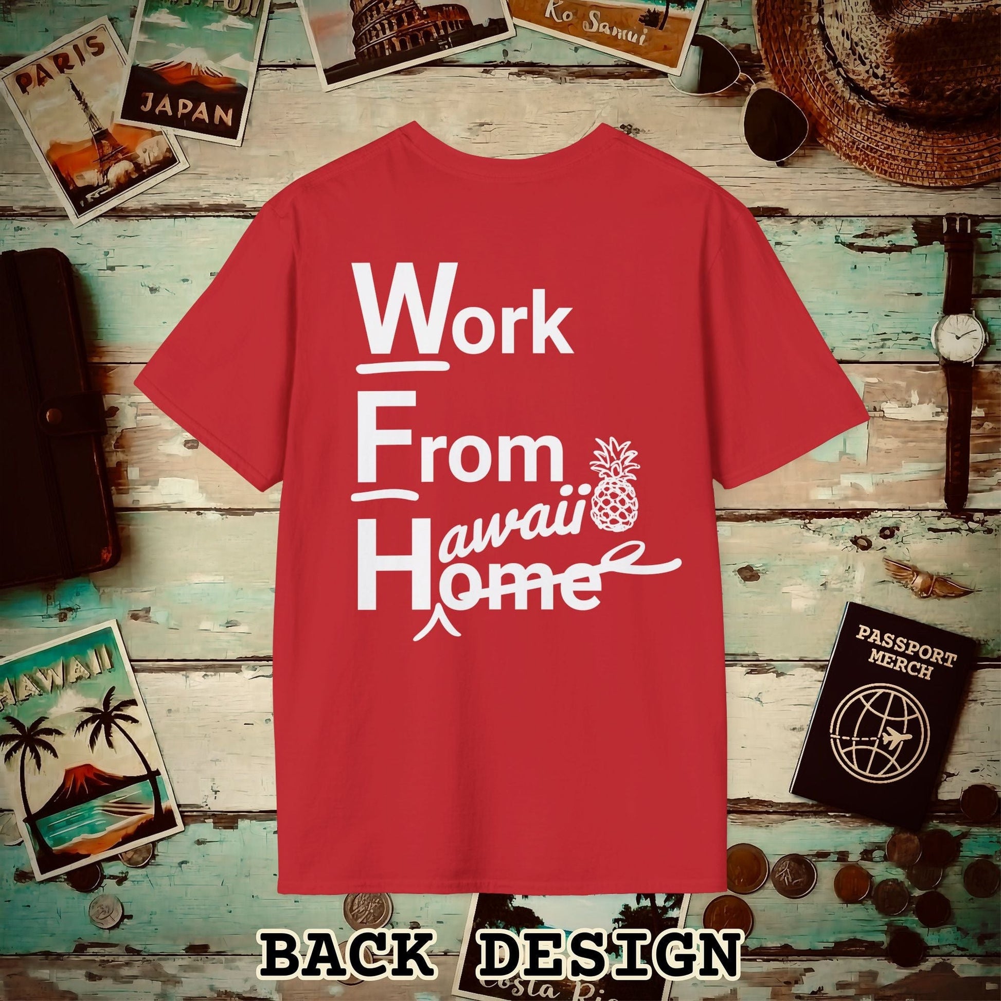WFH, Work From Hawaii Back Print T-Shirt Red / S