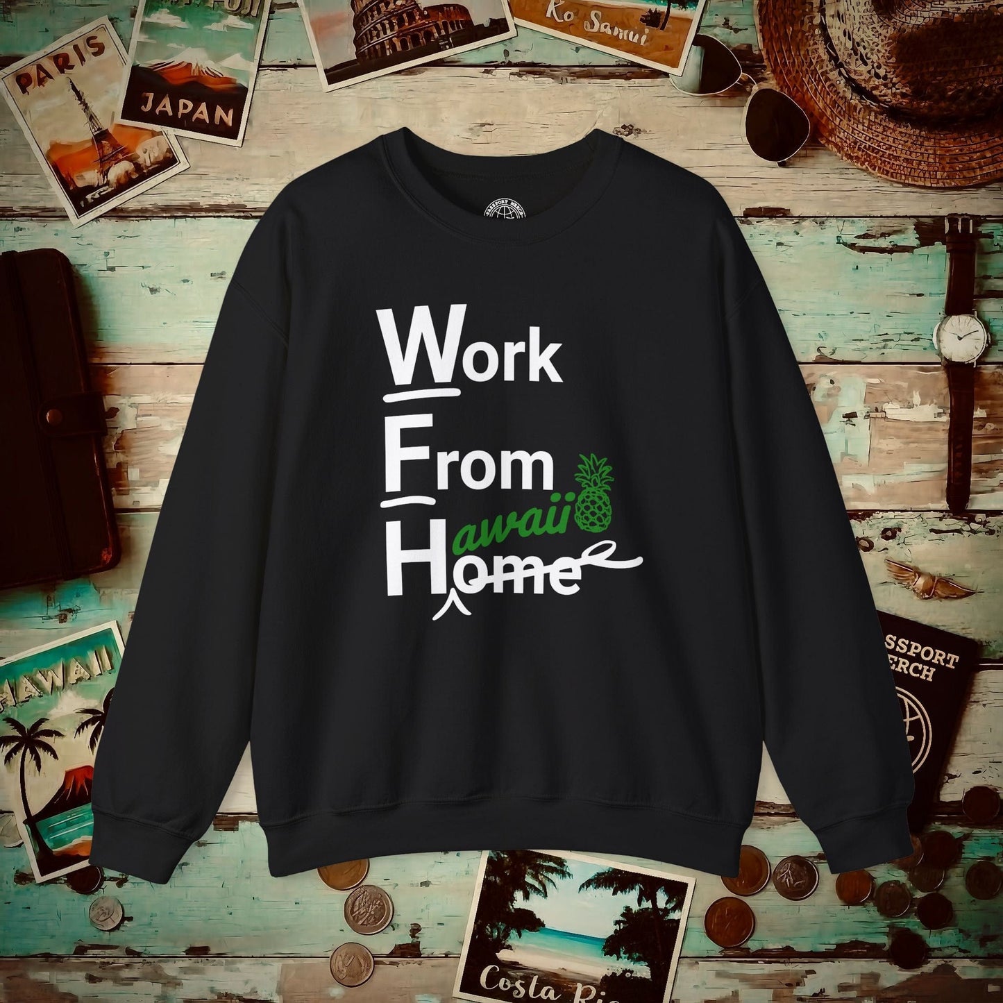 WFH, Work From Hawaii Crewneck Black / S