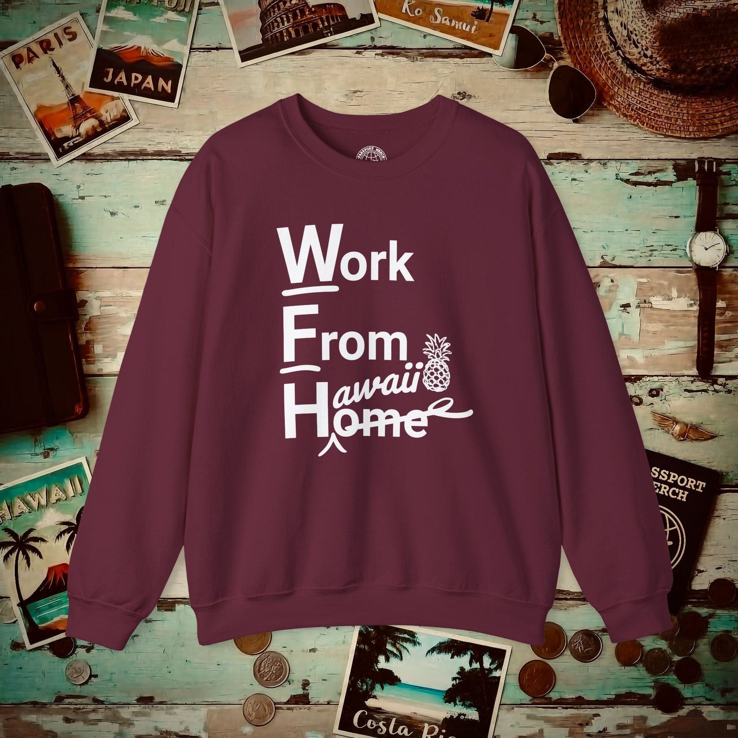 WFH, Work From Hawaii Crewneck Maroon / S
