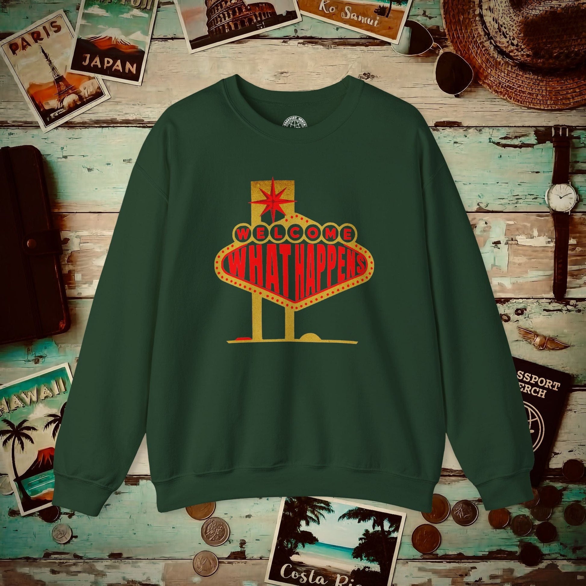 "WHAT HAPPENS" in Vegas, Nevada Crewneck Forest Green / S