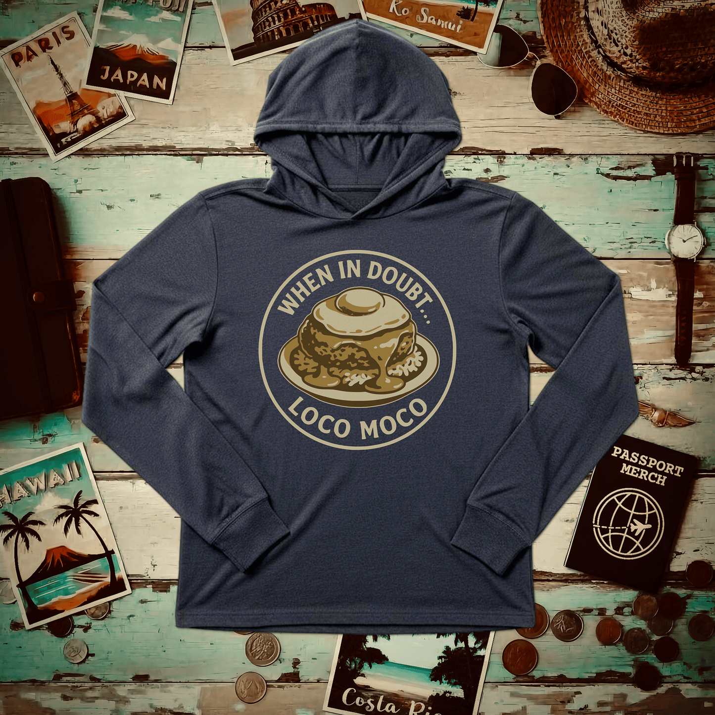 When in doubt... Loco Moco, Hawaii Hooded Long Sleeve Heather Navy / XS