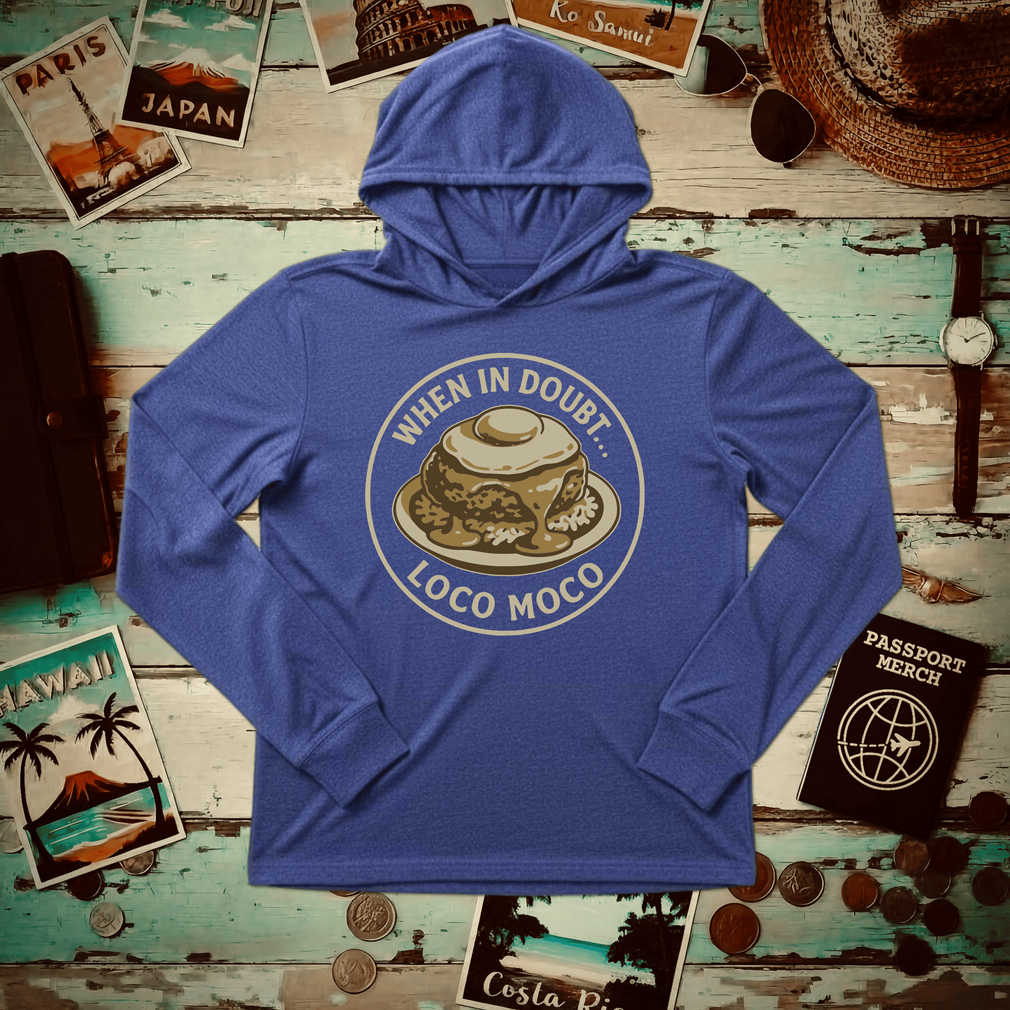 When in doubt... Loco Moco, Hawaii Hooded Long Sleeve Heather True Royal / XS