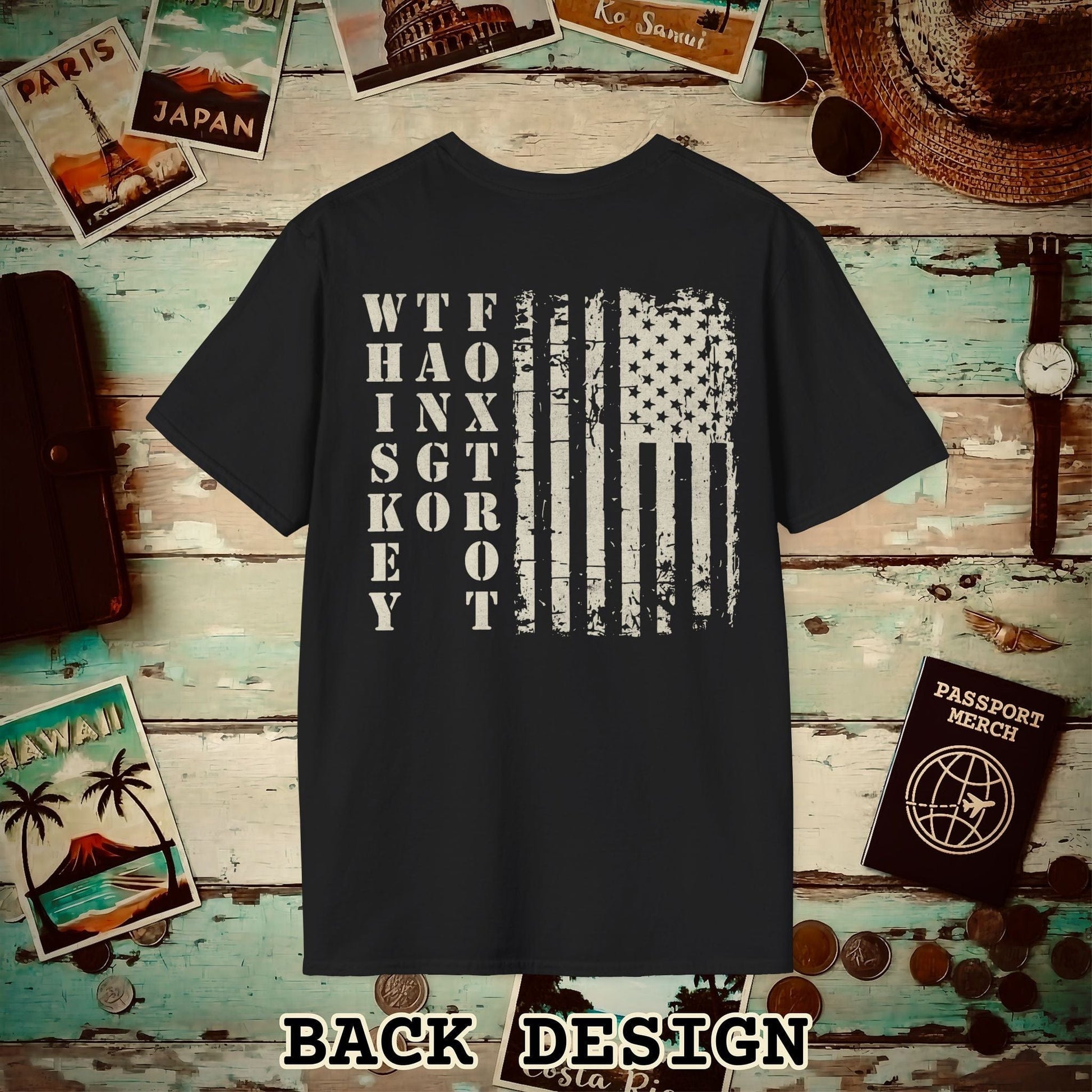 Whiskey Tango Foxtrot USA Flag, Back Print T-Shirt Black / S
