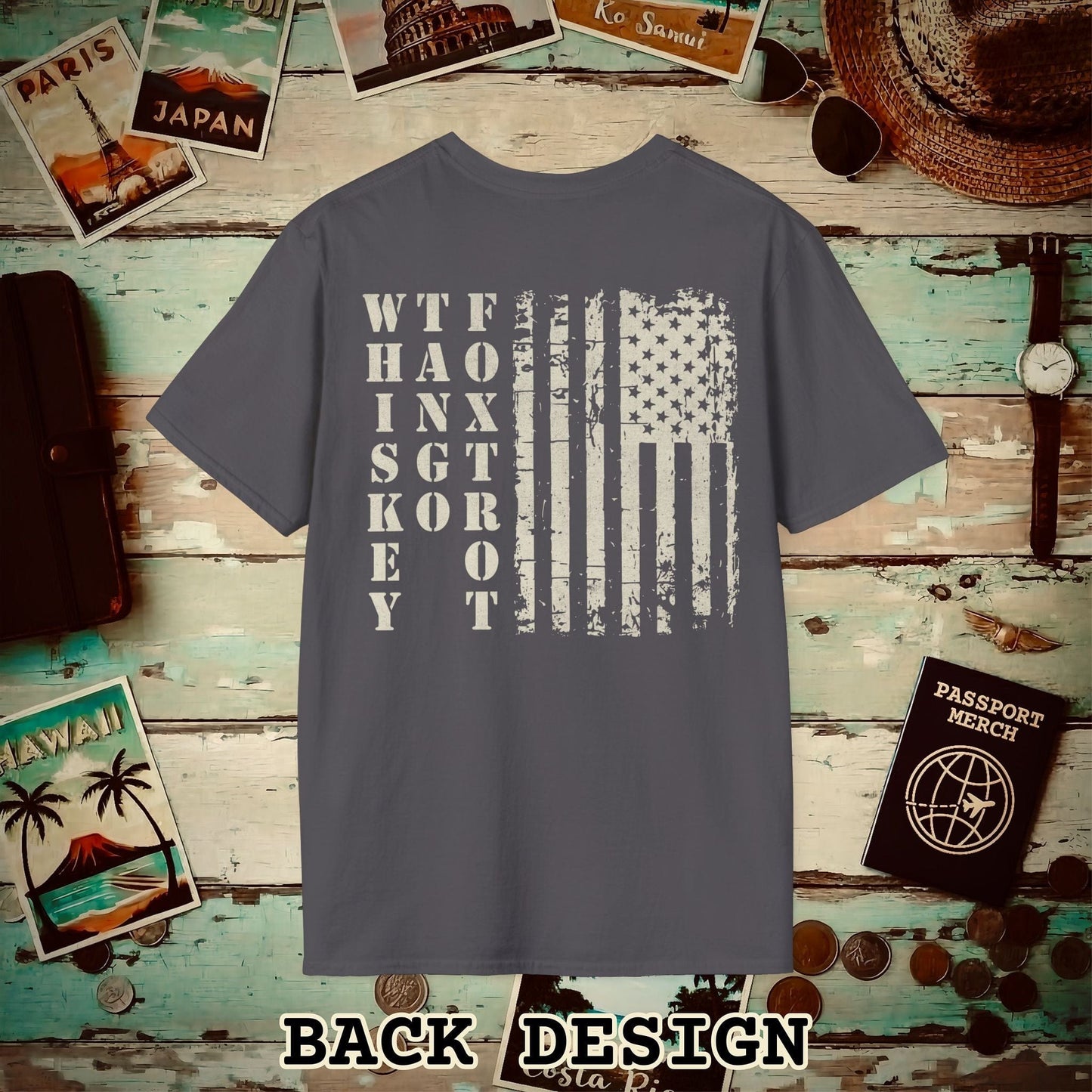 Whiskey Tango Foxtrot USA Flag, Back Print T-Shirt Charcoal / S