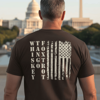 Whiskey Tango Foxtrot USA Flag, Back Print T-Shirt Dark Chocolate / S