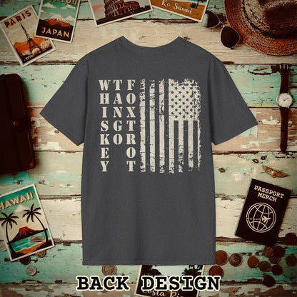 Whiskey Tango Foxtrot USA Flag, Back Print T-Shirt Dark Heather / S