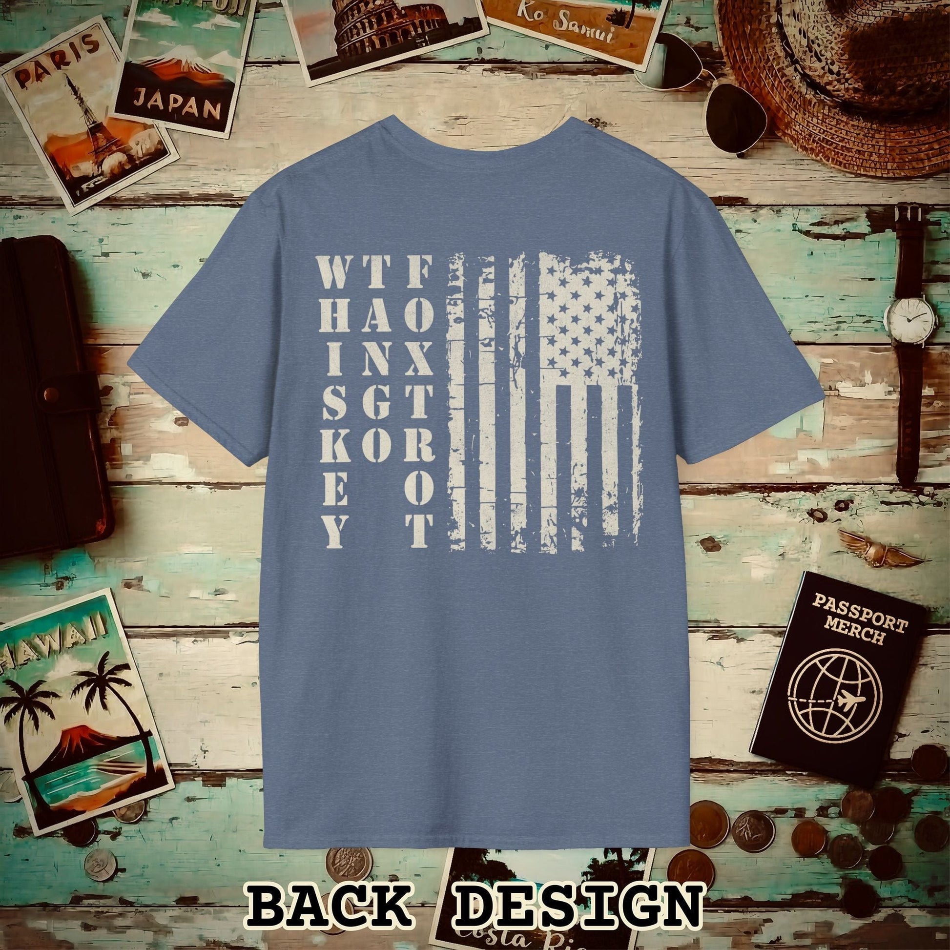 Whiskey Tango Foxtrot USA Flag, Back Print T-Shirt Heather Indigo / S