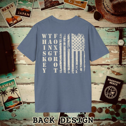 Whiskey Tango Foxtrot USA Flag, Back Print T-Shirt Heather Indigo / S