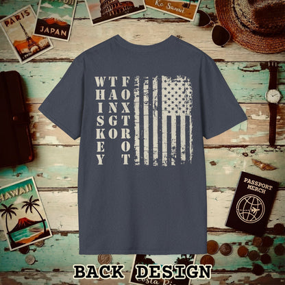 Whiskey Tango Foxtrot USA Flag, Back Print T-Shirt Heather Navy / S