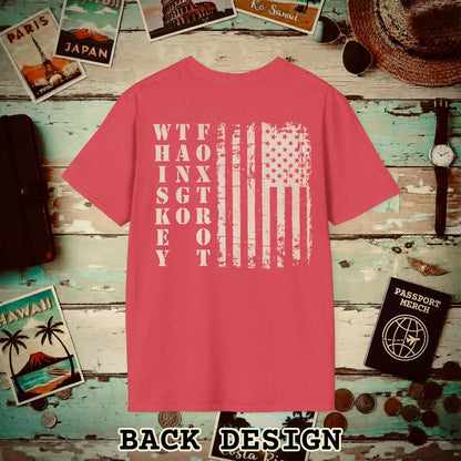 Whiskey Tango Foxtrot USA Flag, Back Print T-Shirt Heather Red / S