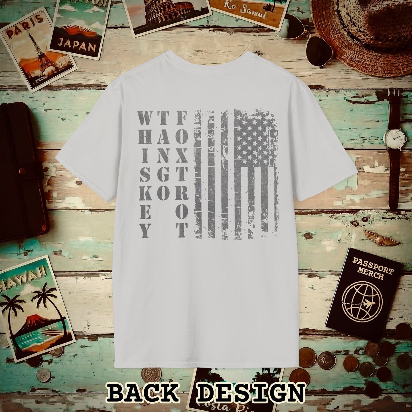 Whiskey Tango Foxtrot USA Flag, Back Print T-Shirt Ice Grey / S