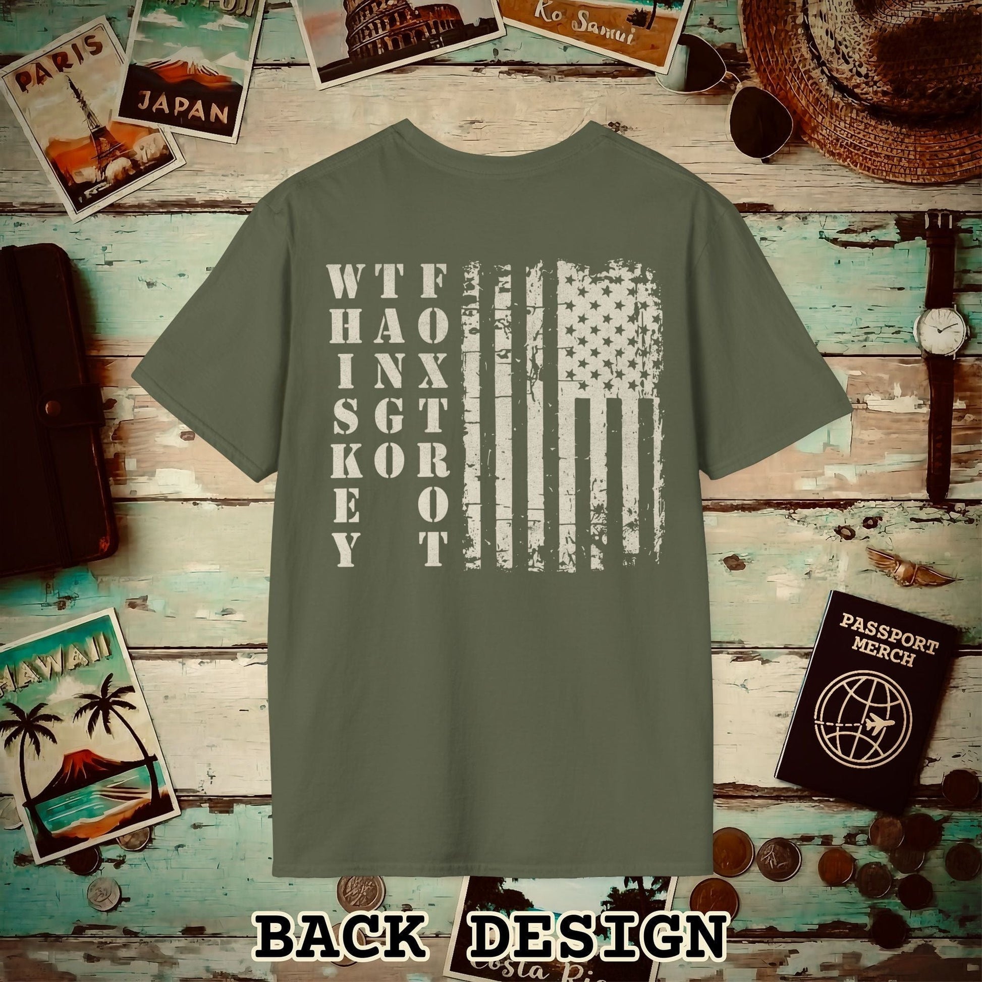 Whiskey Tango Foxtrot USA Flag, Back Print T-Shirt Military Green / S