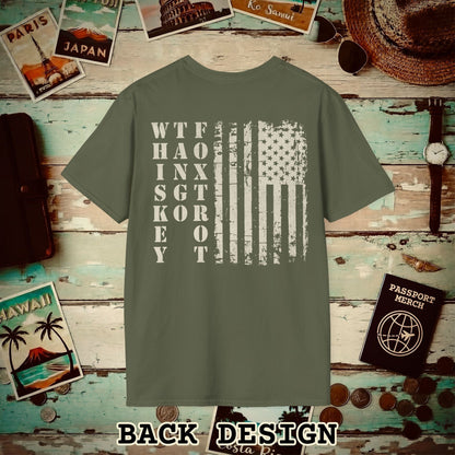 Whiskey Tango Foxtrot USA Flag, Back Print T-Shirt Military Green / S