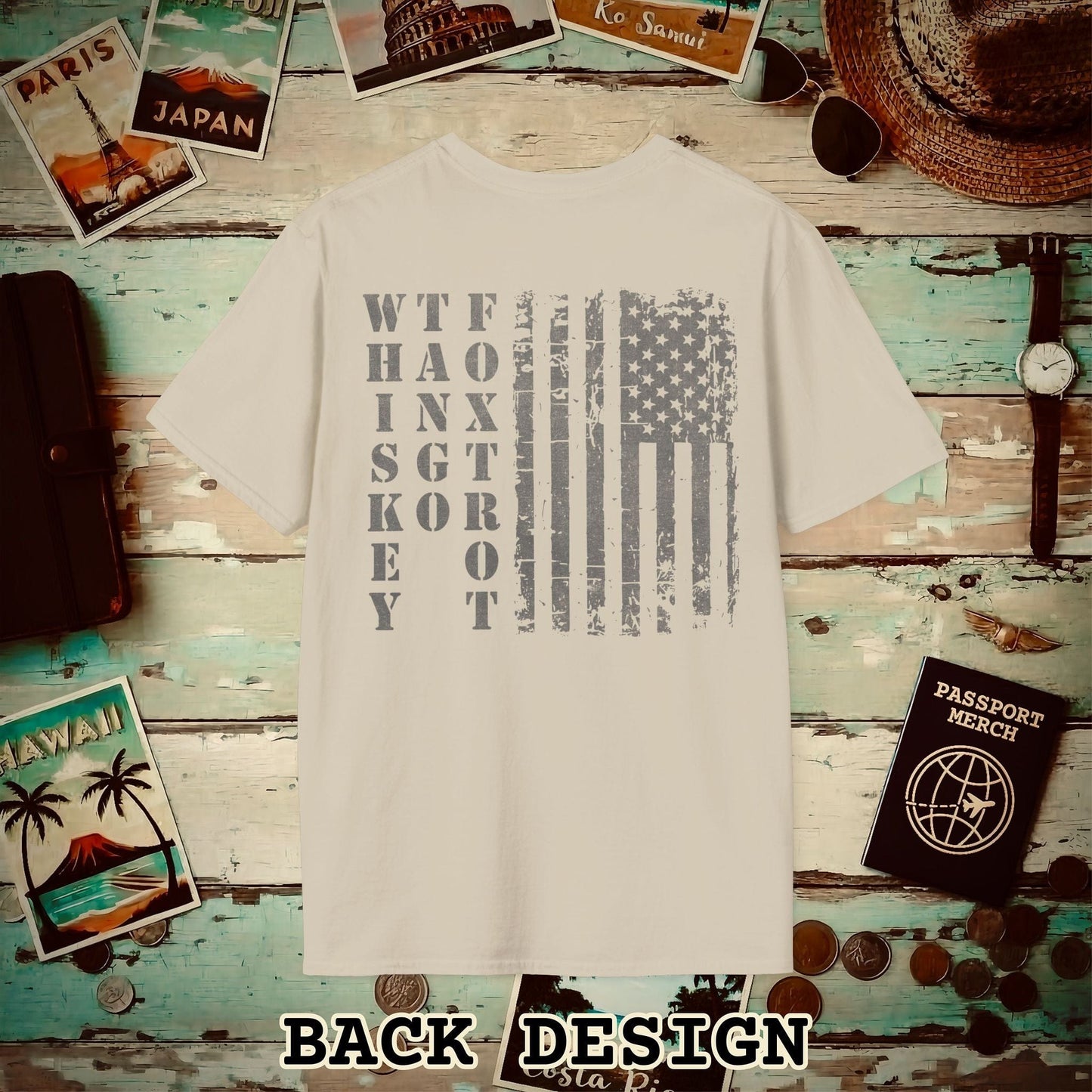 Whiskey Tango Foxtrot USA Flag, Back Print T-Shirt Sand / S
