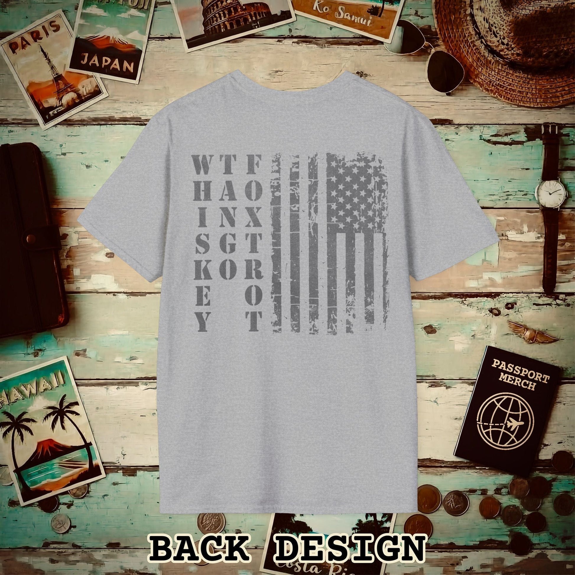 Whiskey Tango Foxtrot USA Flag, Back Print T-Shirt Sport Grey / S