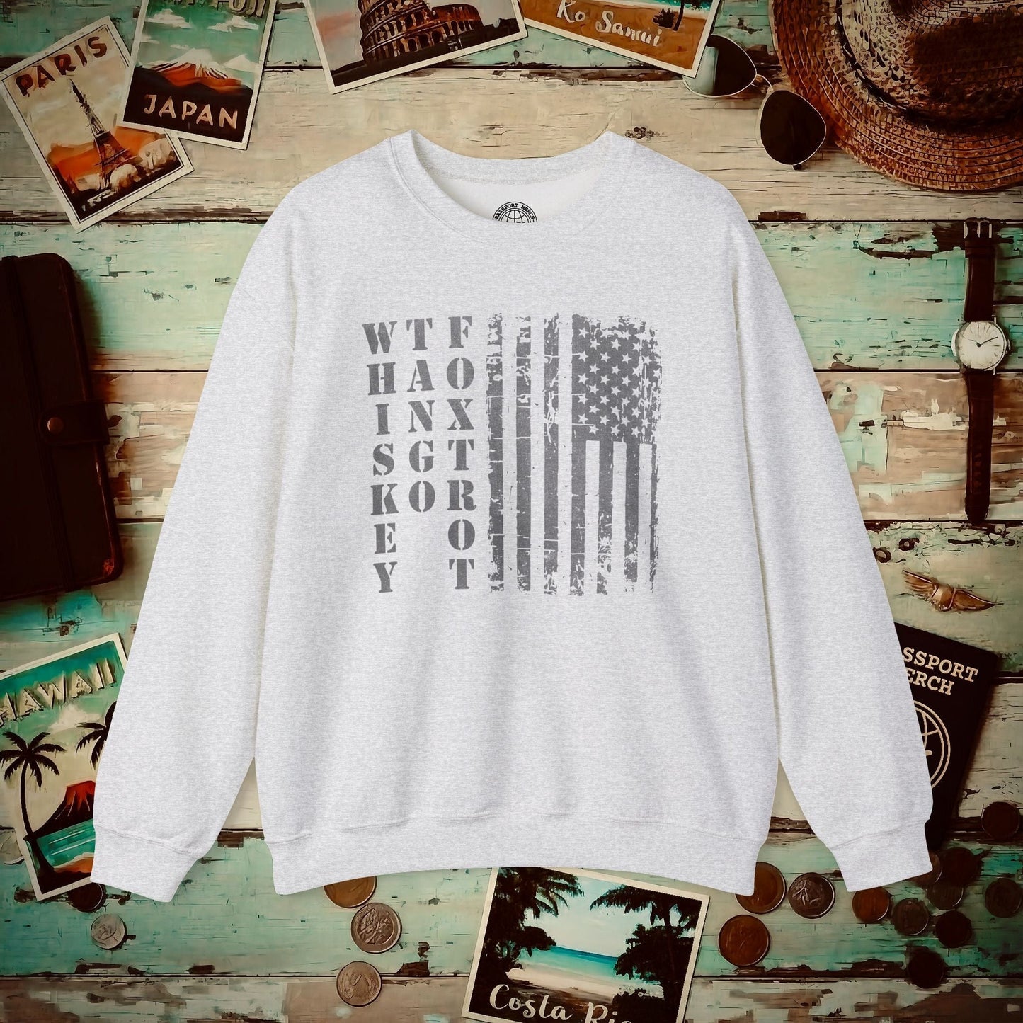 Whiskey Tango Foxtrot USA Flag Crewneck Ash / S