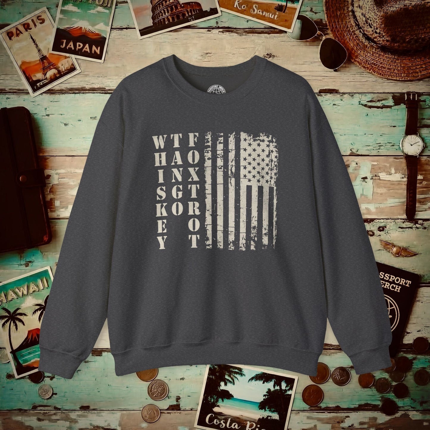 Whiskey Tango Foxtrot USA Flag Crewneck Dark Heather / S