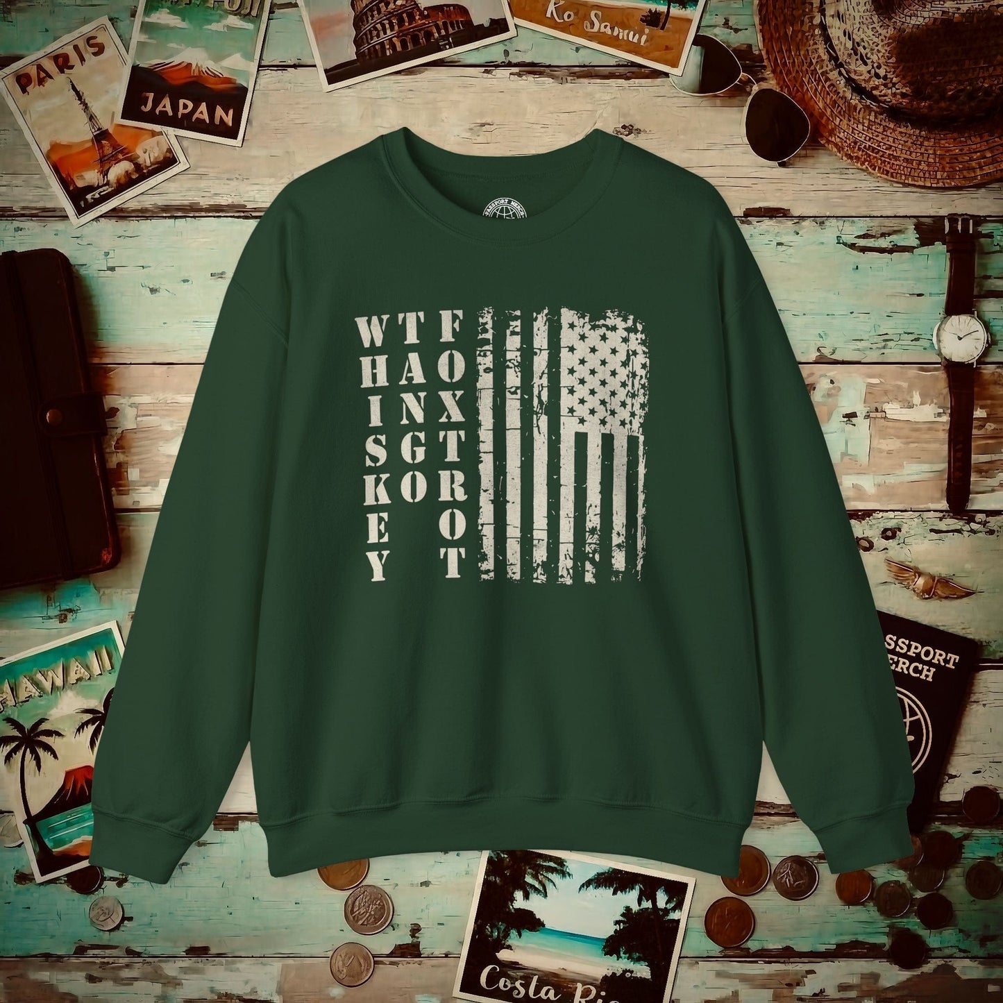 Whiskey Tango Foxtrot USA Flag Crewneck Forest Green / S