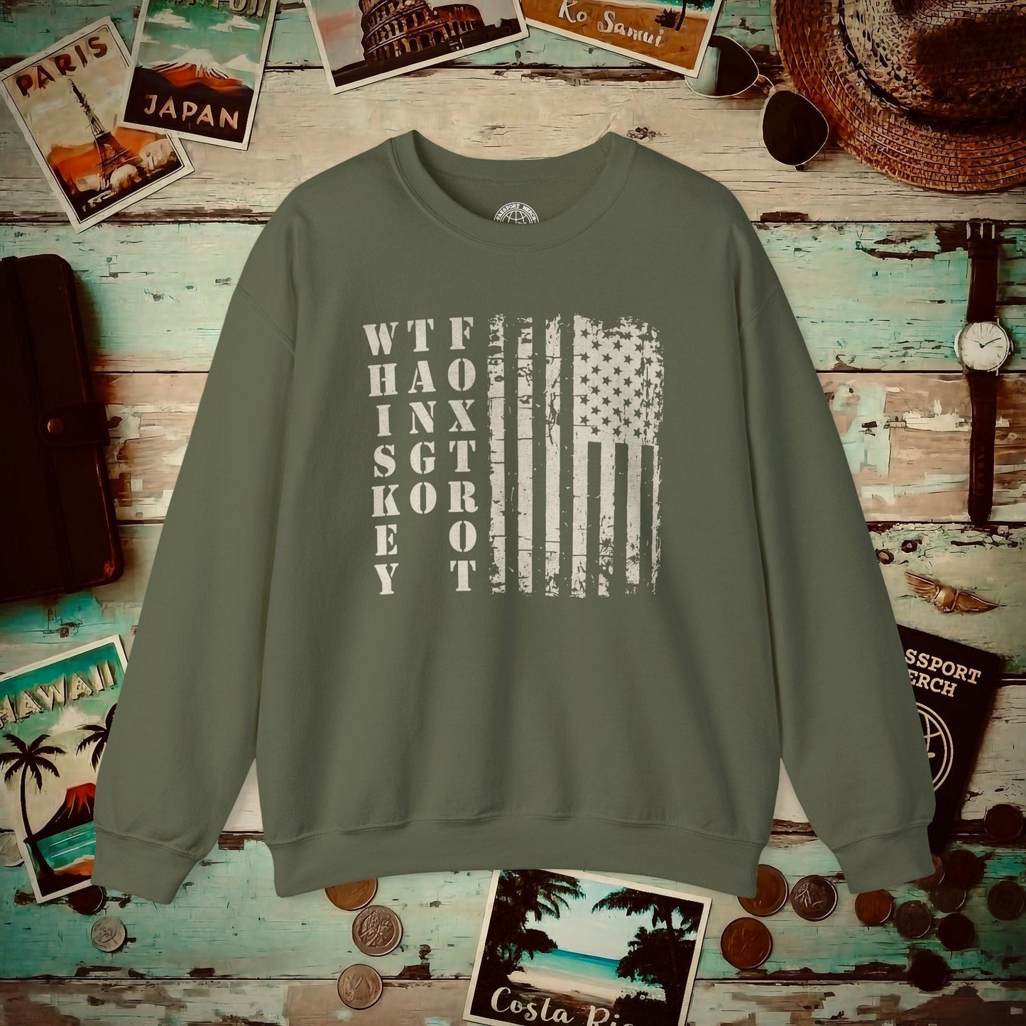 Whiskey Tango Foxtrot USA Flag Crewneck Military Green / S
