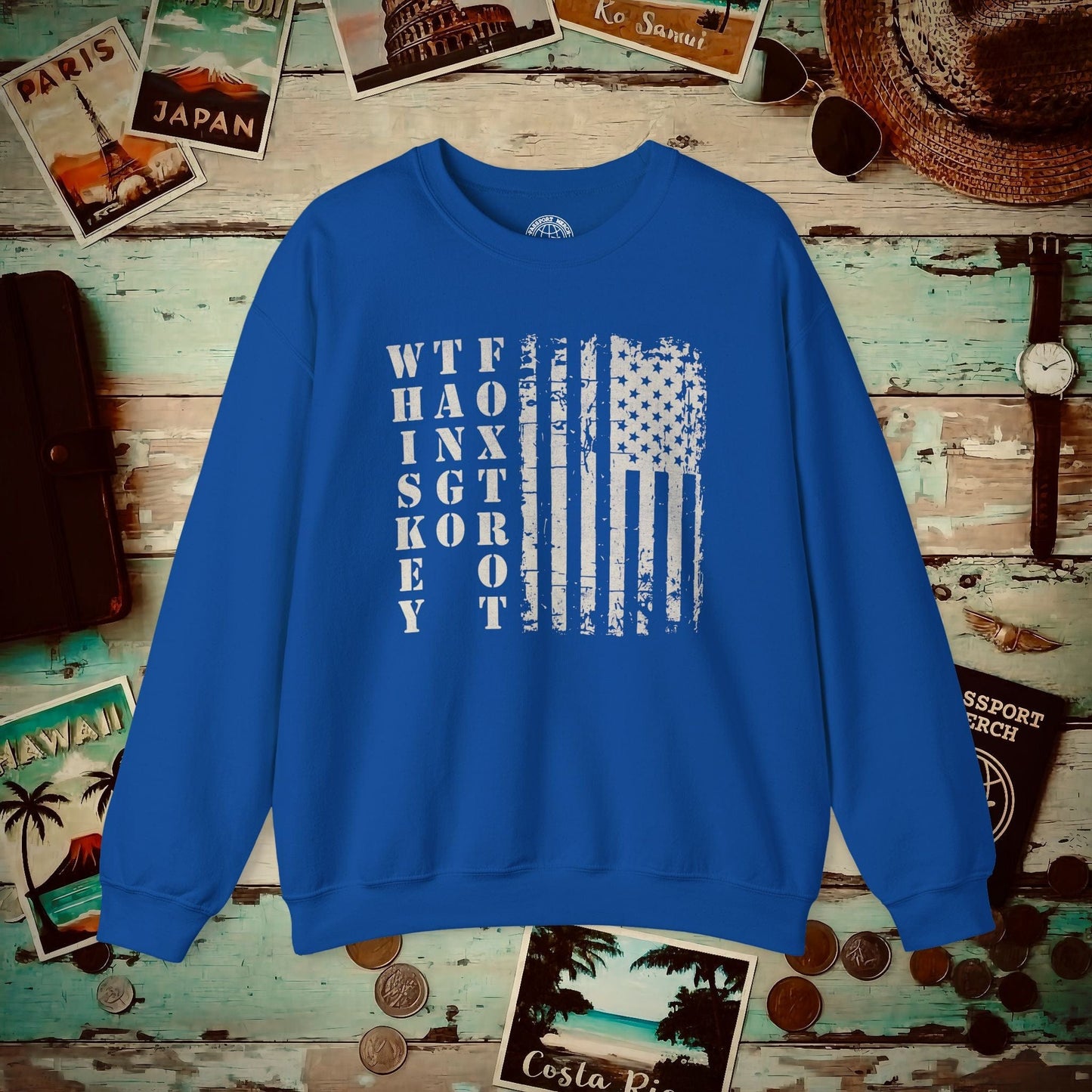Whiskey Tango Foxtrot USA Flag Crewneck Royal / S