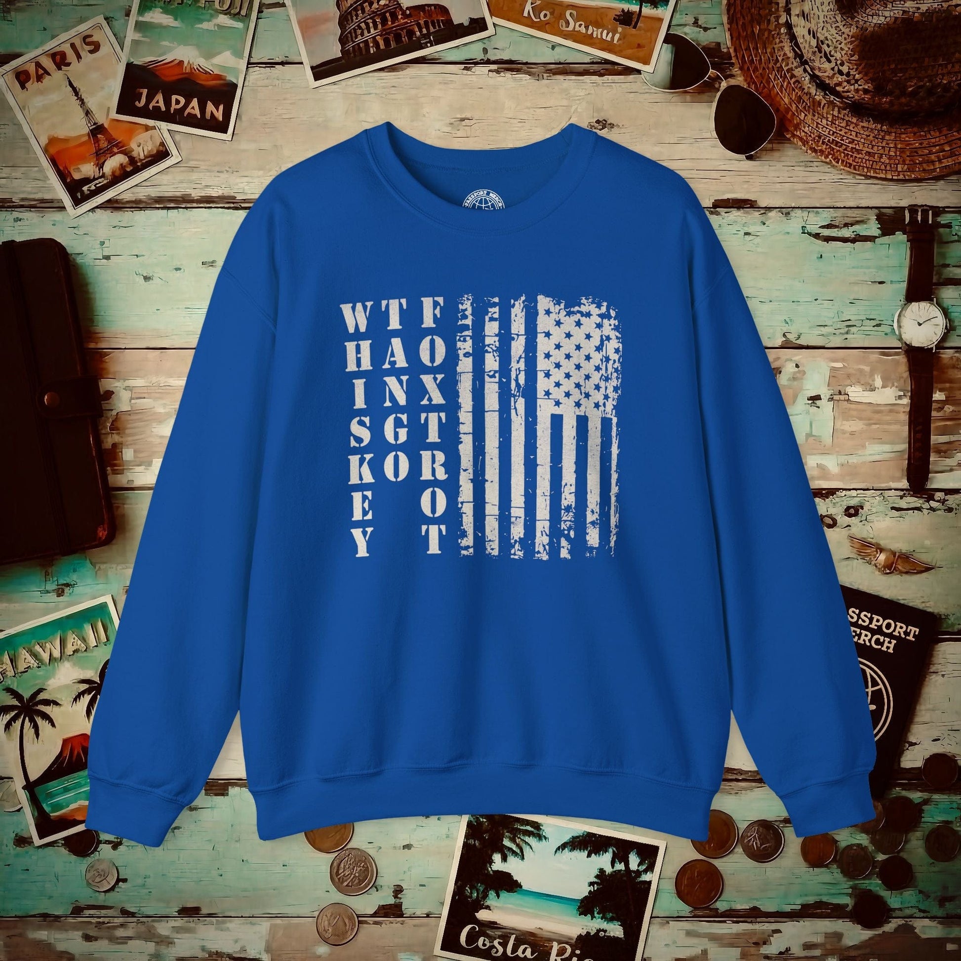 Whiskey Tango Foxtrot USA Flag Crewneck Royal / S